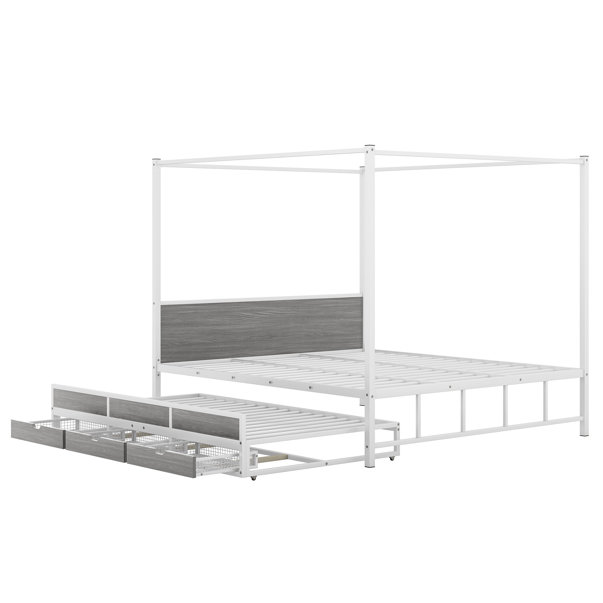 Queen Size Metal Canopy Platform Bed with Twin Size Trundle and 3 Storage Drawers, White