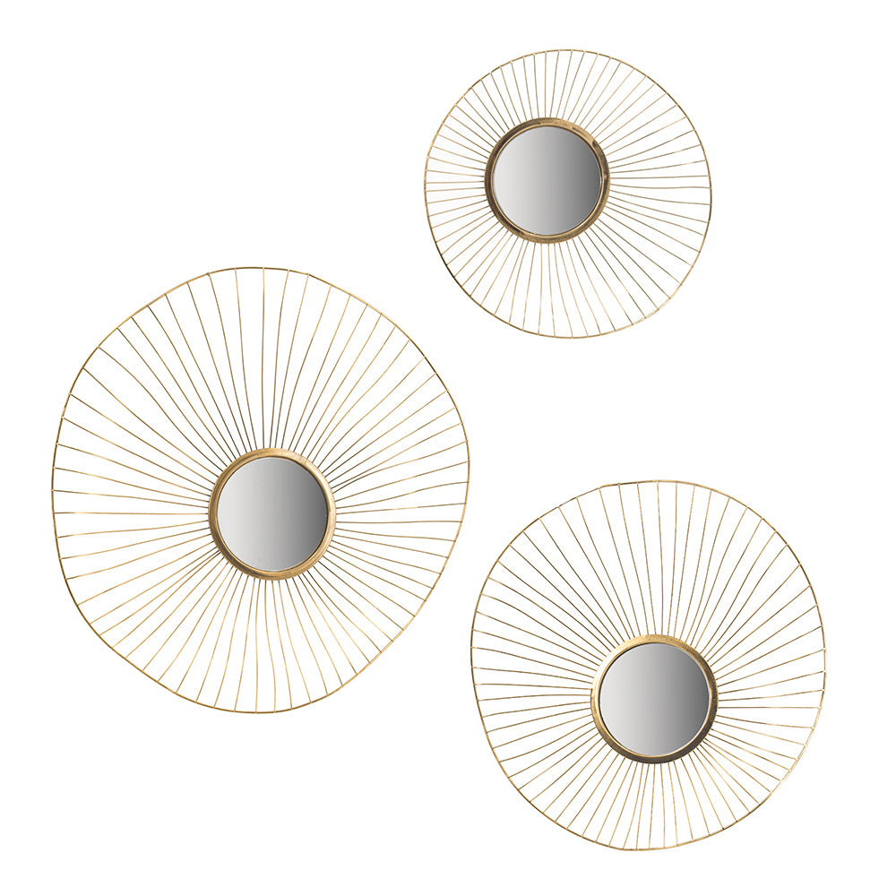 Set of 3 Wall Mirror Abstract designed Wall mirrors with Gold Frame for Home & Office,Top of Sideboard L:26x5x25.5" M:22x3.5x22" S:18x2.5x18"