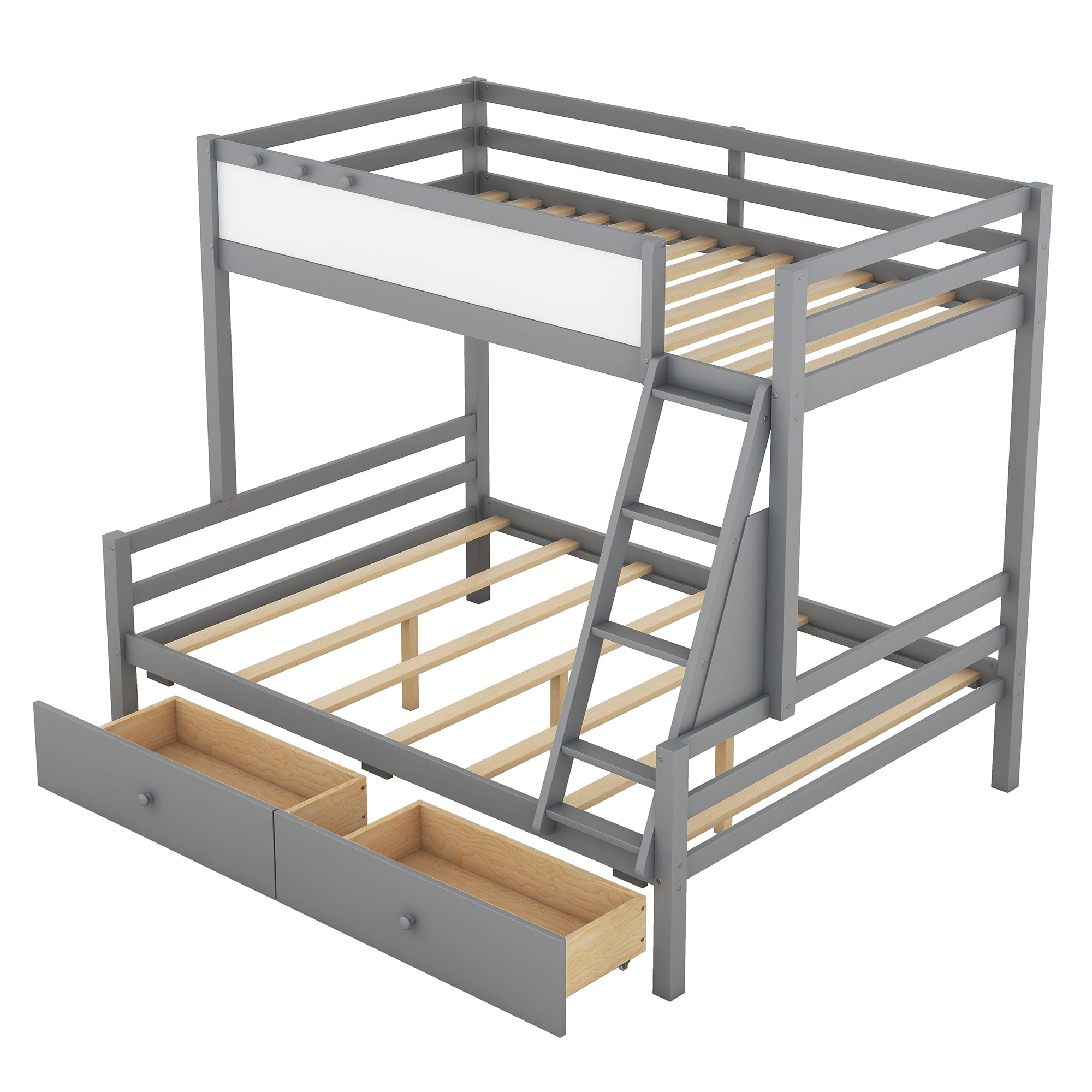 Wood Twin over Full Bunk Bed with Whiteboard, 3 Hooks and 2 Drawers, Grey