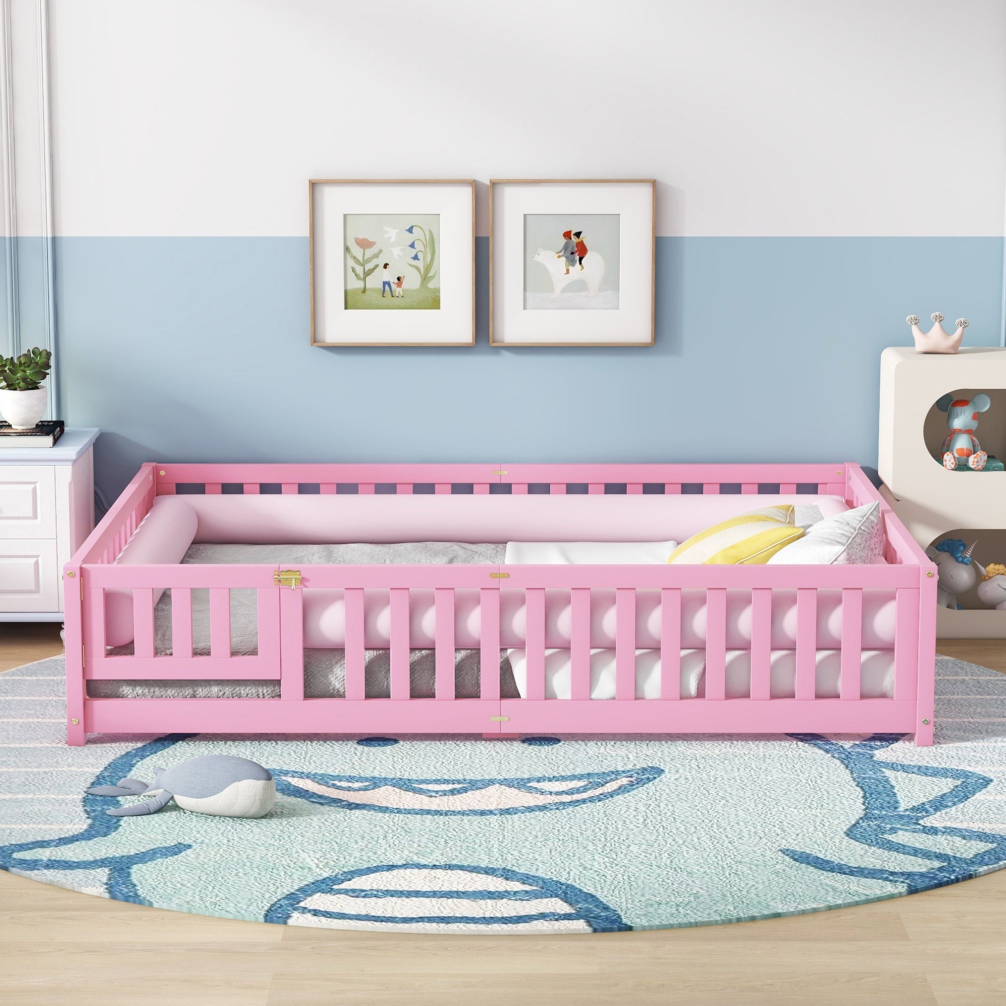 Queen Size Bed Floor Bed with Safety Guardrails and Door for Kids, Pink (Expect Arrival Date Nov.2nd)