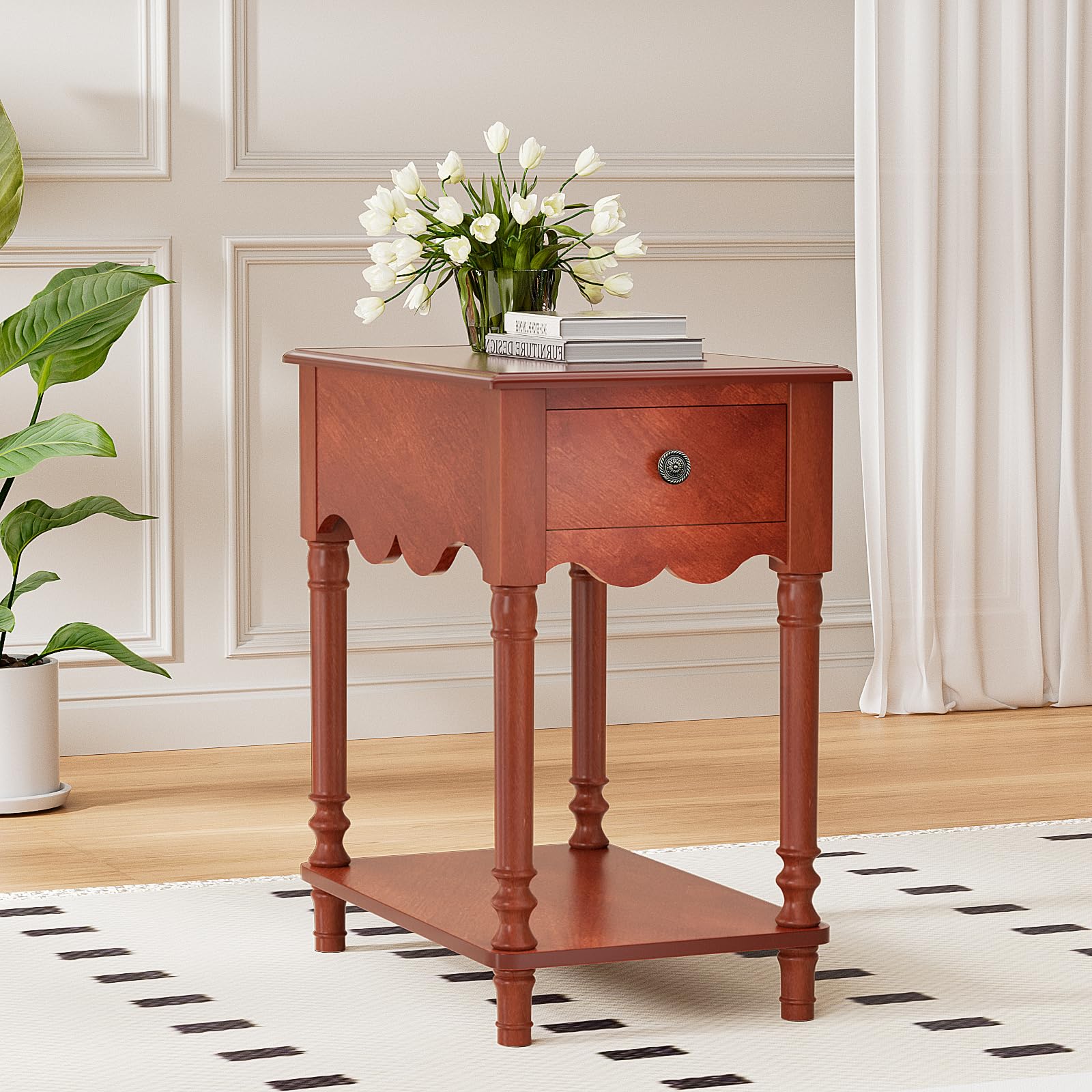 Solid Wood End Table with Drawer and Shelf | Narrow Side Table Living Room, Vintage Wood Narrow Sofa Side Table, Nightstand for Bedroom