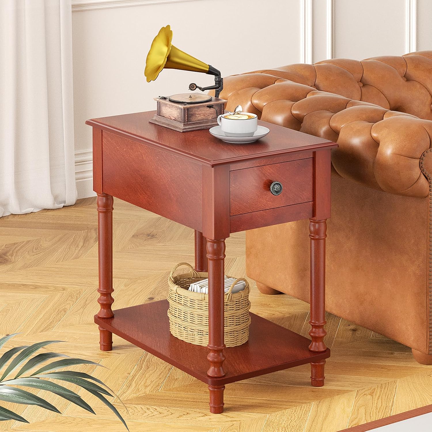 Solid Wood End Table with Drawer and Shelf | Narrow Side Table Living Room, Vintage Wood Narrow Sofa Side Table, Nightstand for Bedroom