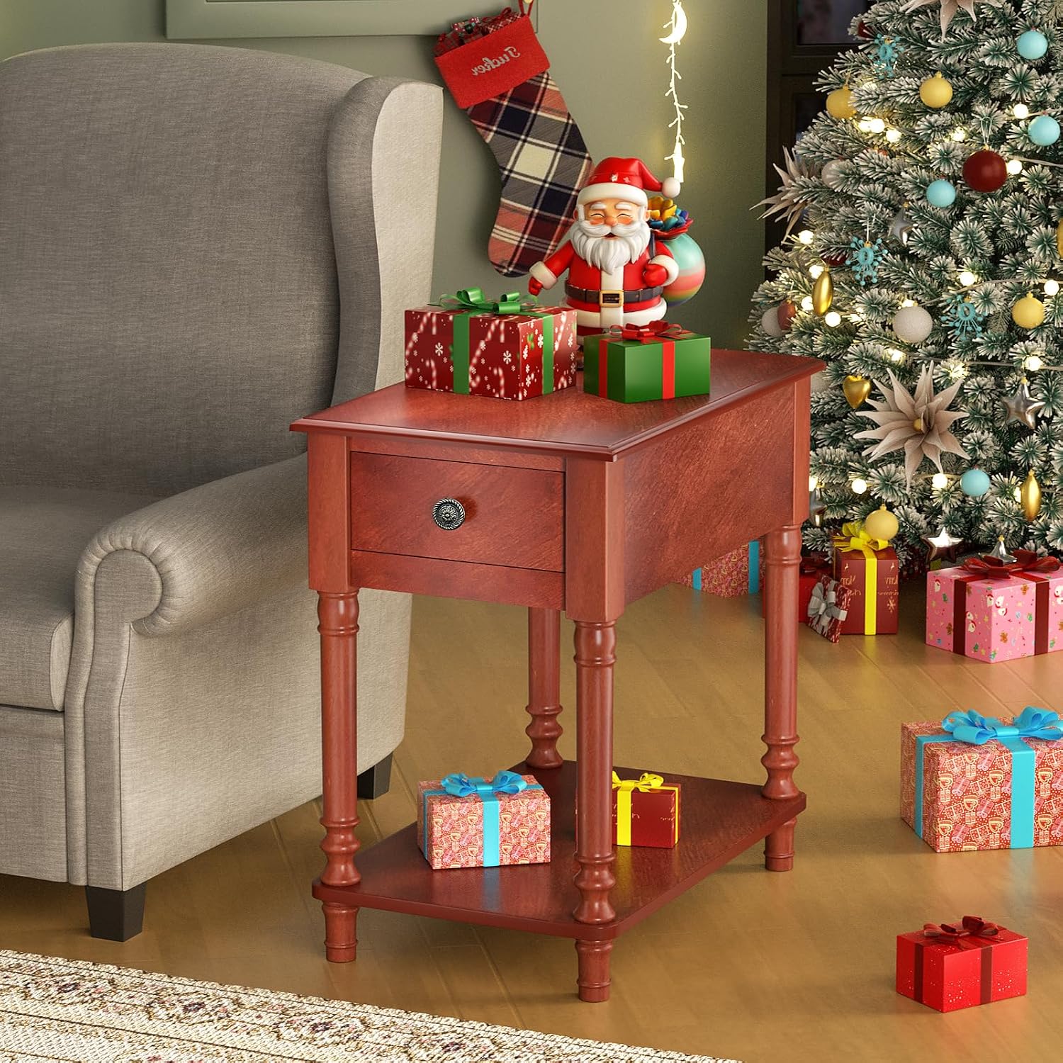 Solid Wood End Table with Drawer and Shelf | Narrow Side Table Living Room, Vintage Wood Narrow Sofa Side Table, Nightstand for Bedroom