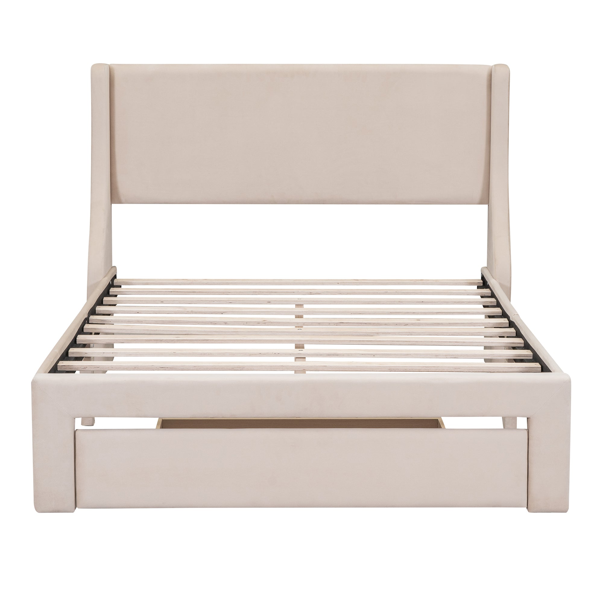 Full Size Storage Bed Velvet Upholstered Platform Bed with a Big Drawer - Beige