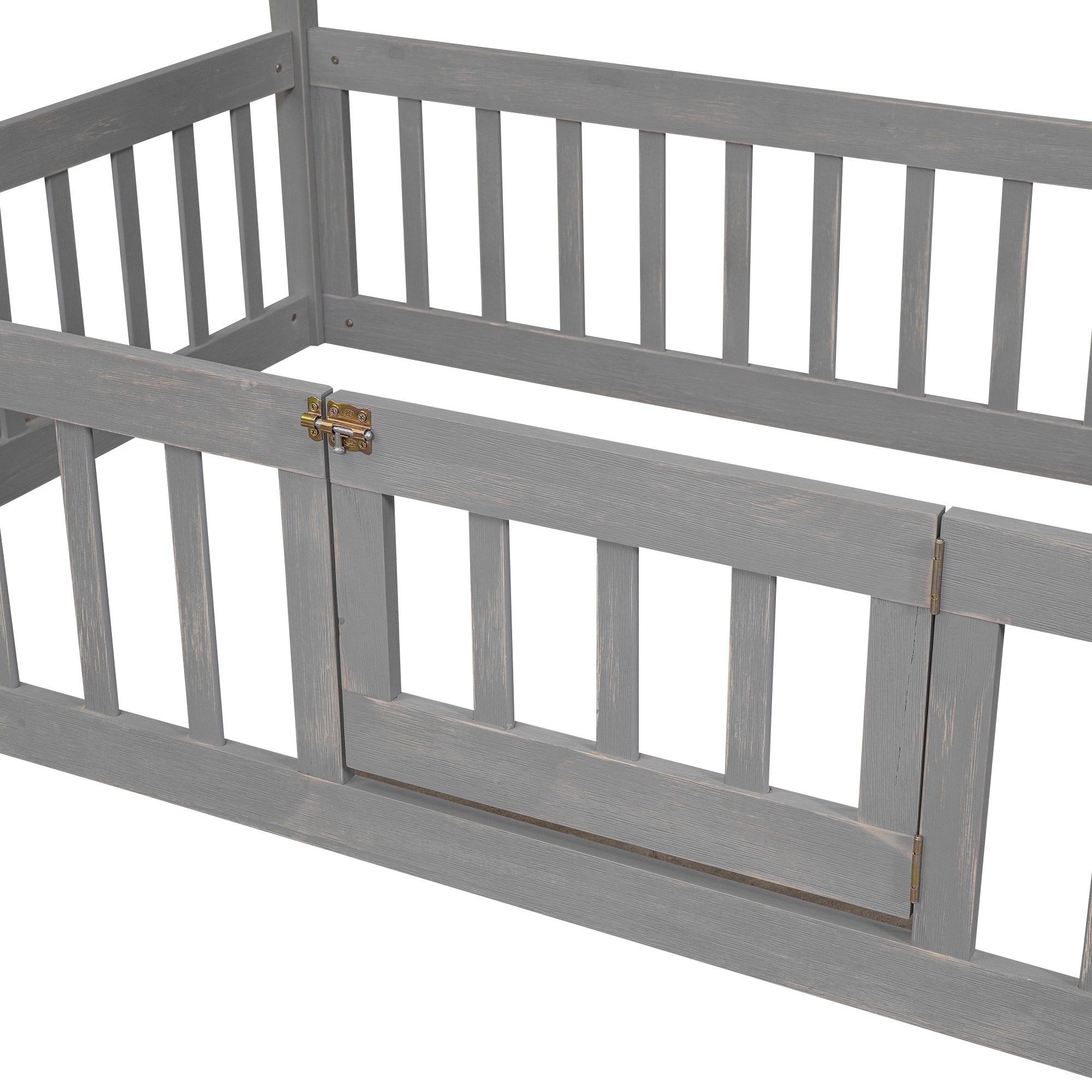 Twin Size Wood House Bed with Fence and Door, Gray Wash