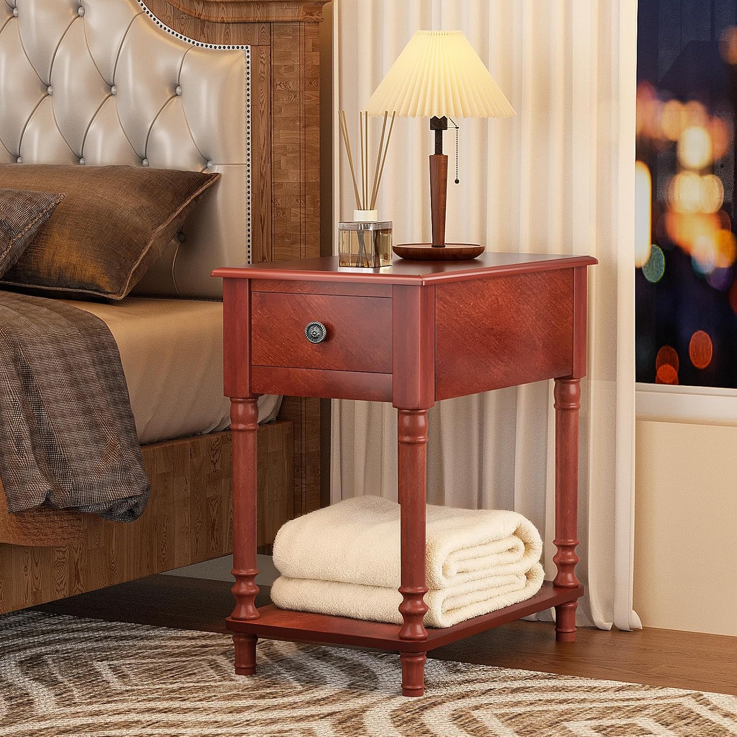 Solid Wood End Table with Drawer and Shelf | Narrow Side Table Living Room, Vintage Wood Narrow Sofa Side Table, Nightstand for Bedroom