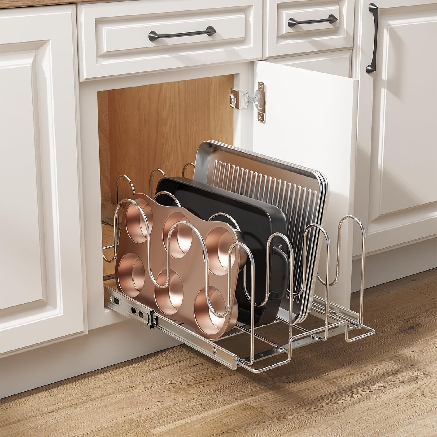 Slide Out Pan and Pot Lid Organizer for Cabinet, Kitchen Pull Out Pot Lid Rack Pantry Cutting Board Bakeware Cookware Holder - 11in. W x 21in. D - Chrome