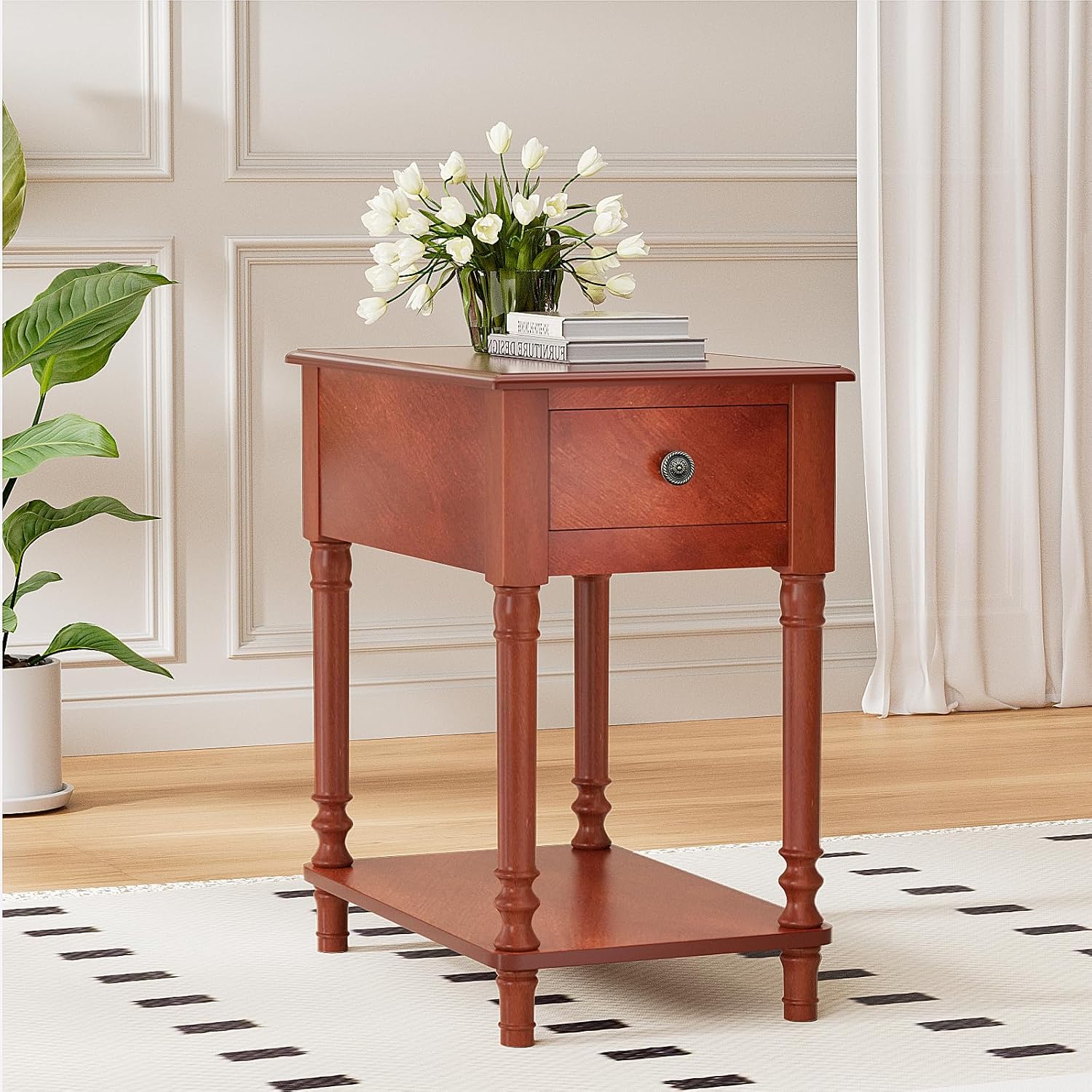 Solid Wood End Table with Drawer and Shelf | Narrow Side Table Living Room, Vintage Wood Narrow Sofa Side Table, Nightstand for Bedroom