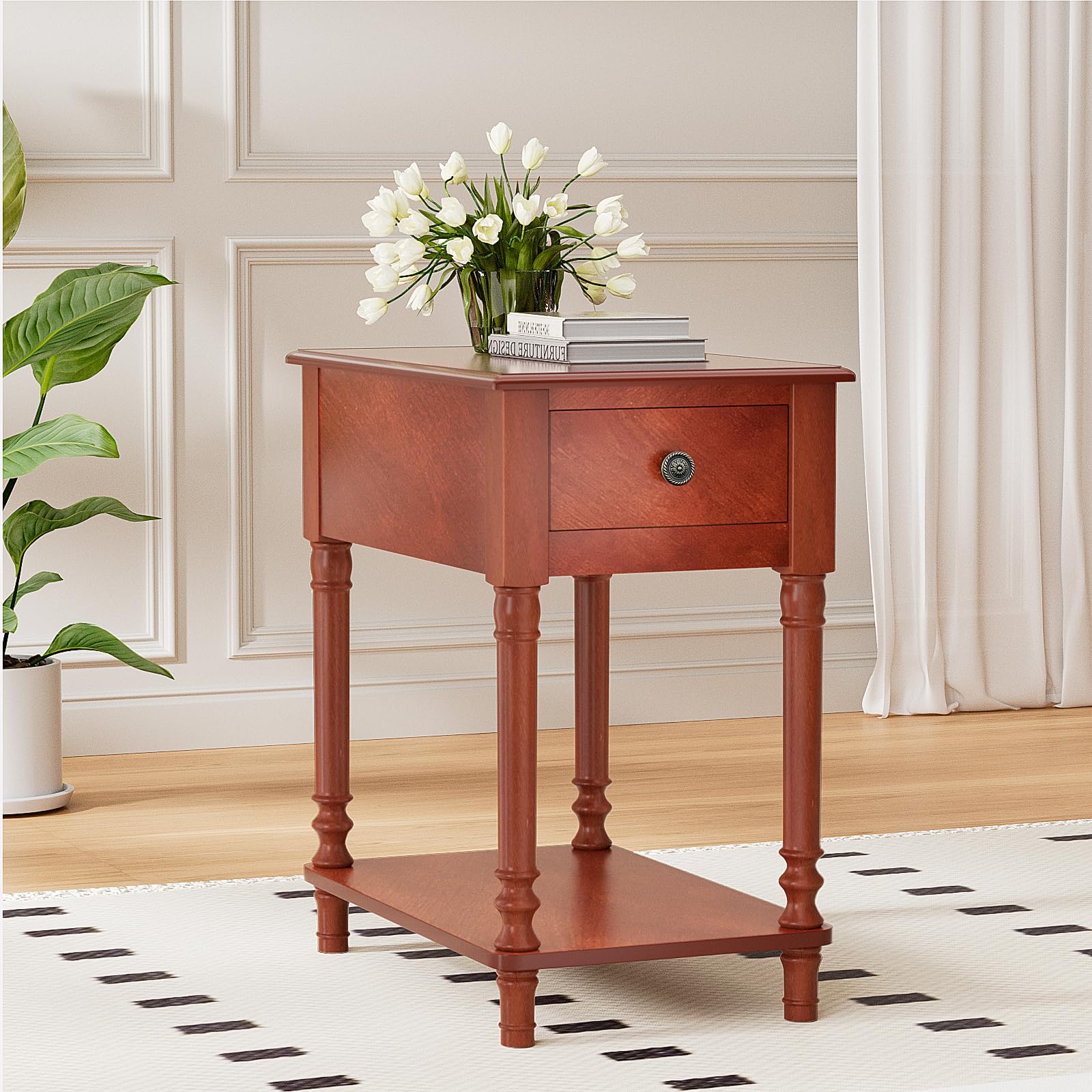 Solid Wood End Table with Drawer and Shelf | Narrow Side Table Living Room, Vintage Wood Narrow Sofa Side Table, Nightstand for Bedroom