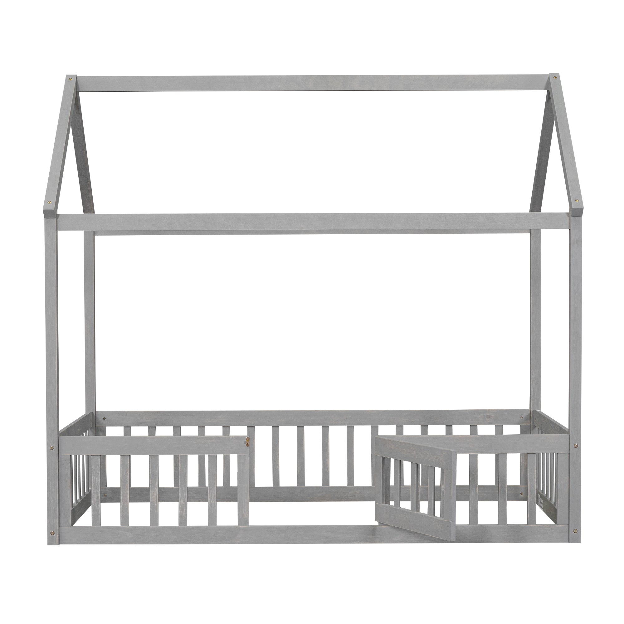 Twin Size Wood House Bed with Fence and Door, Gray Wash
