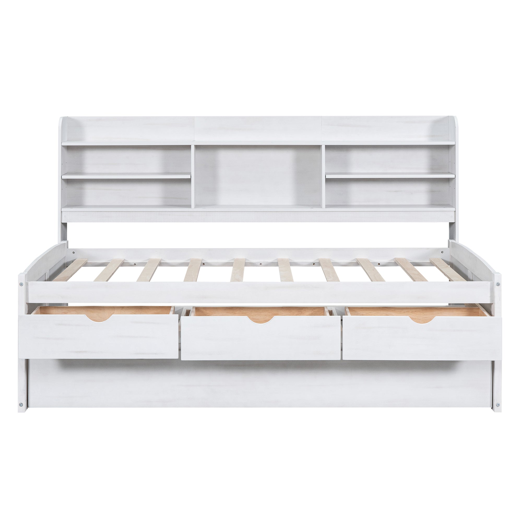 Twin Size Wooden Captain Bed with Built-in Bookshelves,Three Storage Drawers and Trundle, White Wash(Expected Arrivial Time: 11.17)
