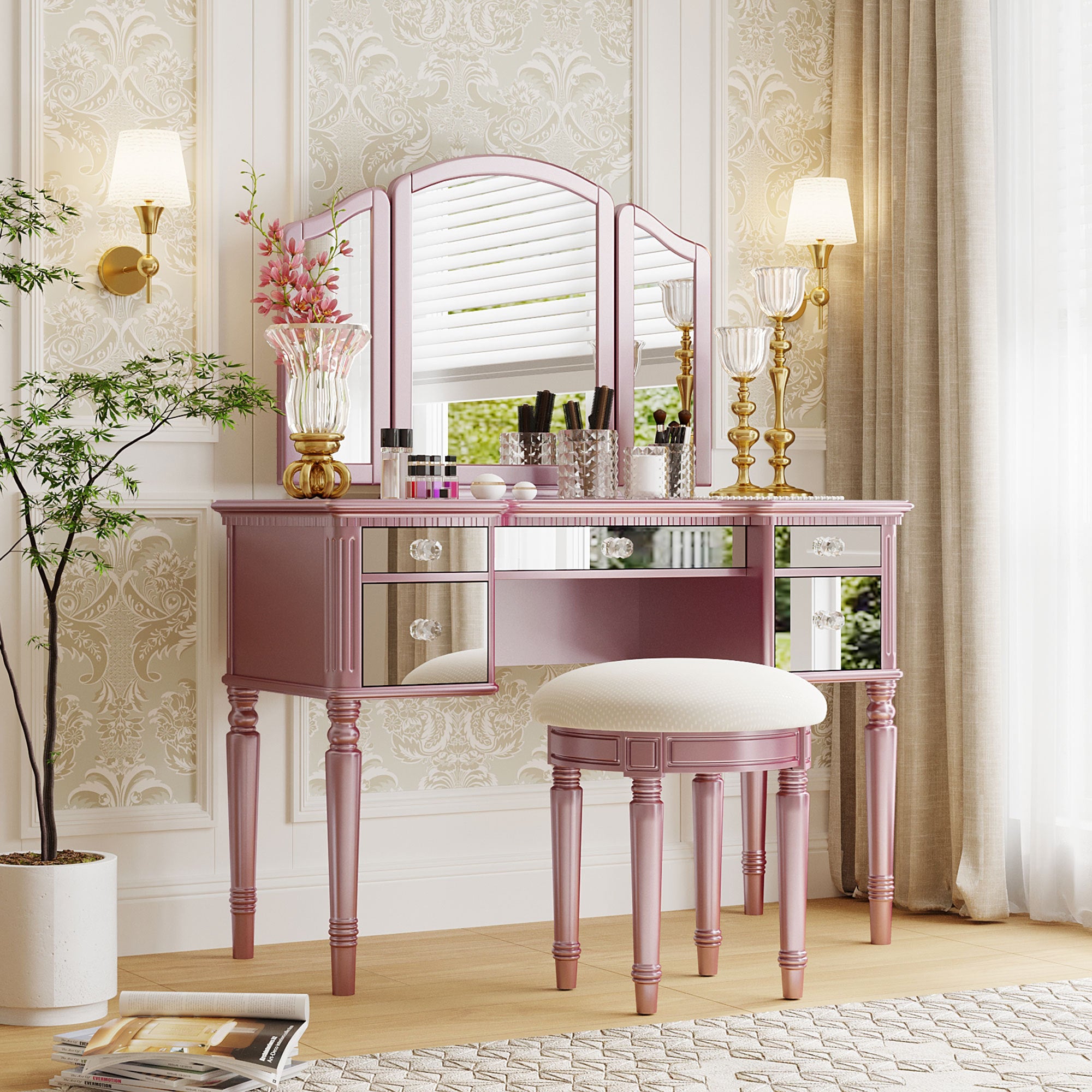 43" Dressing Table Set with Mirrored Drawers and Stool, Tri-fold Mirror, Makeup Vanity Set for Bedroom, Rose Gold