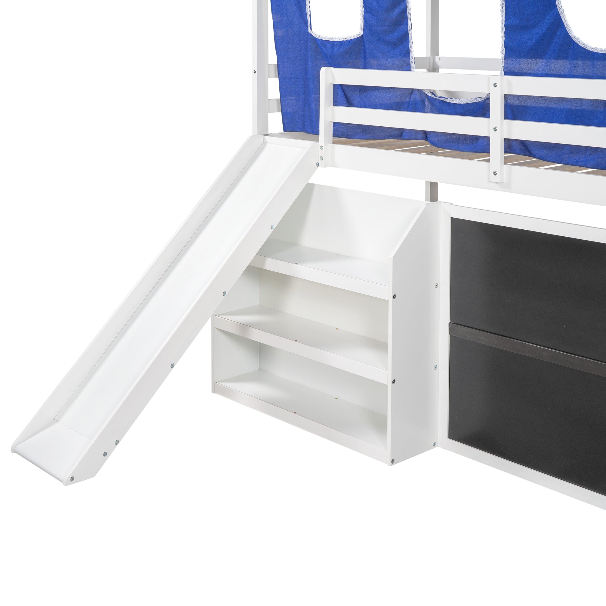 Twin over Twin House Bunk Bed with Blue Tent, Slide, Shelves and Blackboard, White