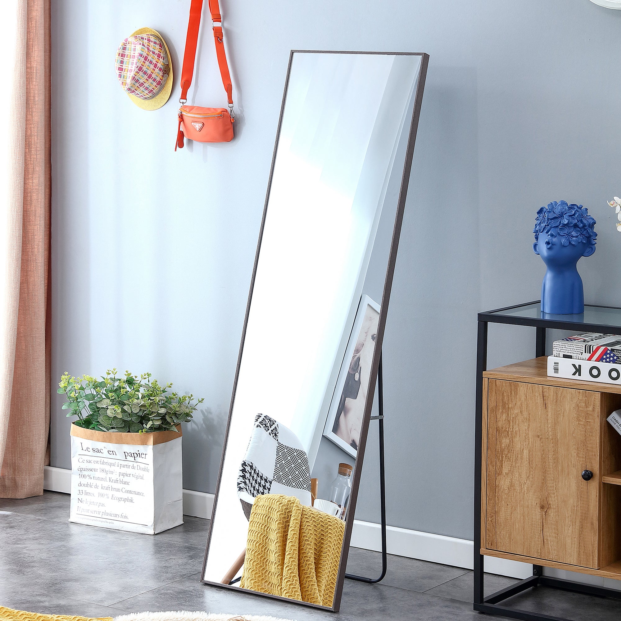 Gray Solid Wood Frame Full-length Mirror, Dressing Mirror, Bedroom Home Porch, Decorative Mirror, Clothing Store, Floor Mounted Large Mirror, Wall Mounted.60"*17"