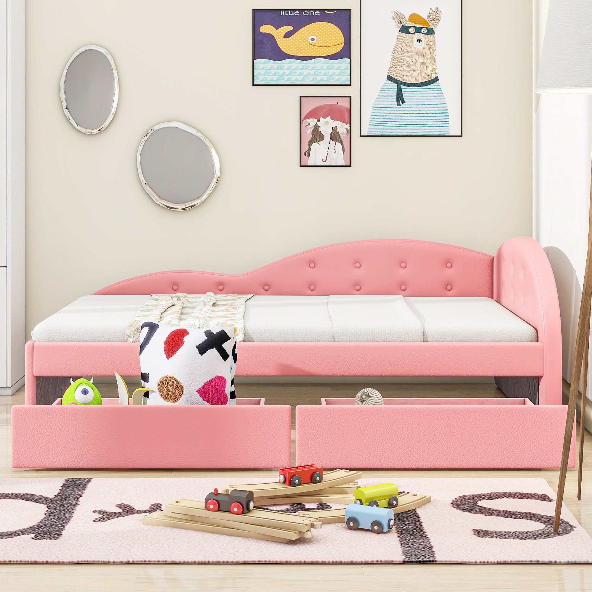 Twin Size PU Upholstered Tufted Daybed with Two Drawers and Cloud Shaped Guardrail, Pink