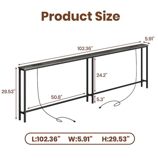 102 Inch Extra Long Narrow Console Table with Power Outlets and USB Ports Storage Sofa Table for Entryway Living Room Behind Sofa