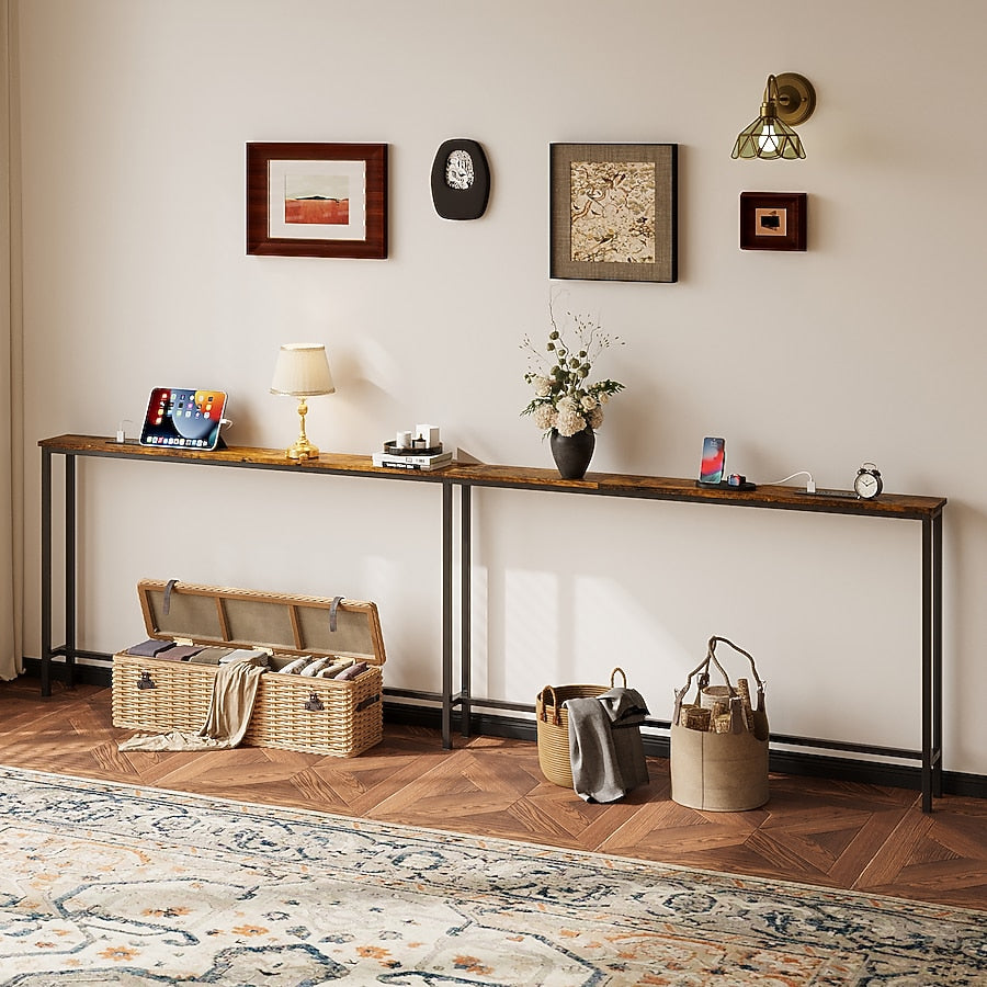 102 Inch Extra Long Narrow Console Table with Power Outlets and USB Ports Storage Sofa Table for Entryway Living Room Behind Sofa