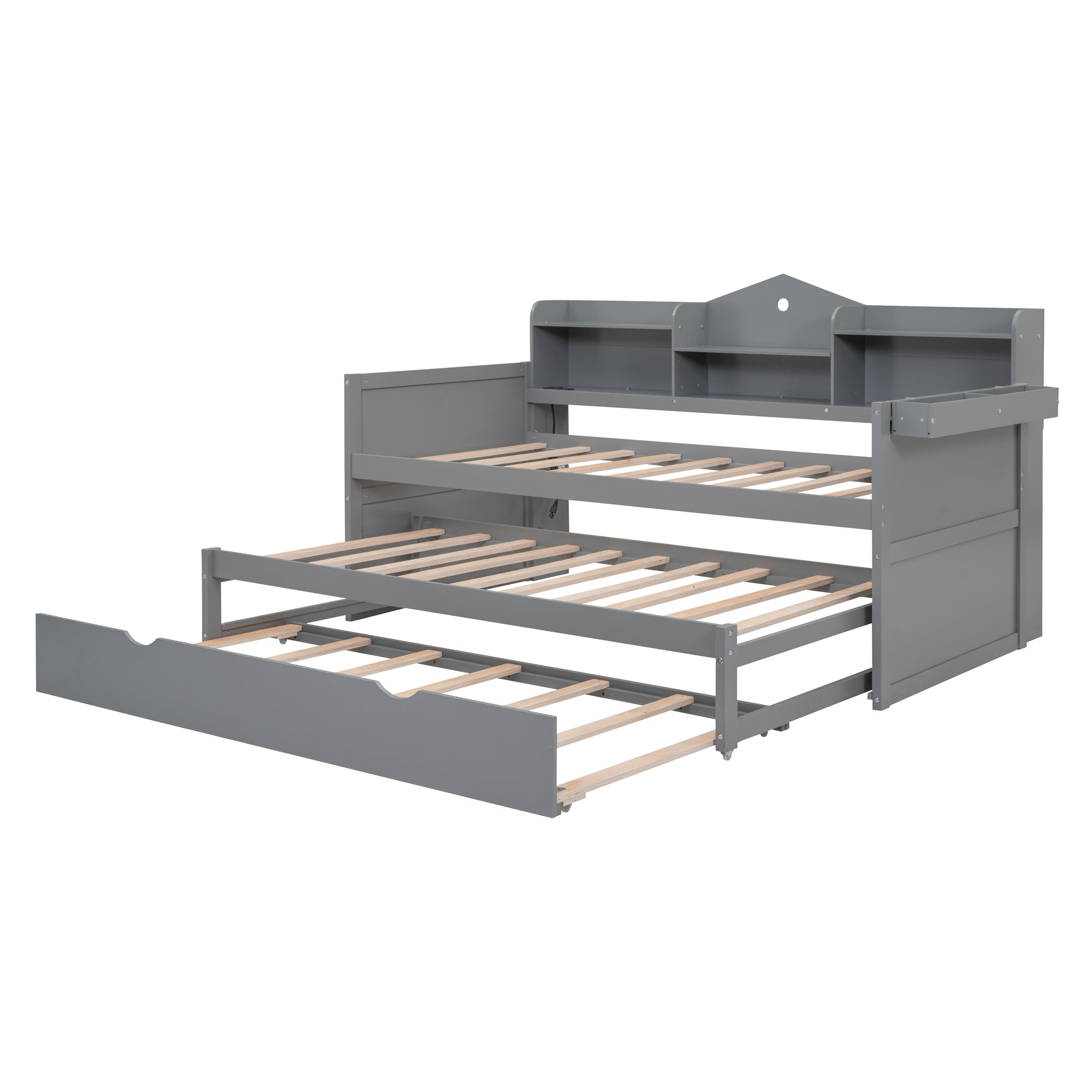 Twin XL Wooden Daybed with 2 Twin Trundles and Storage Shelf, Daybed with USB Charging Ports, No Box-spring Needed, Gray