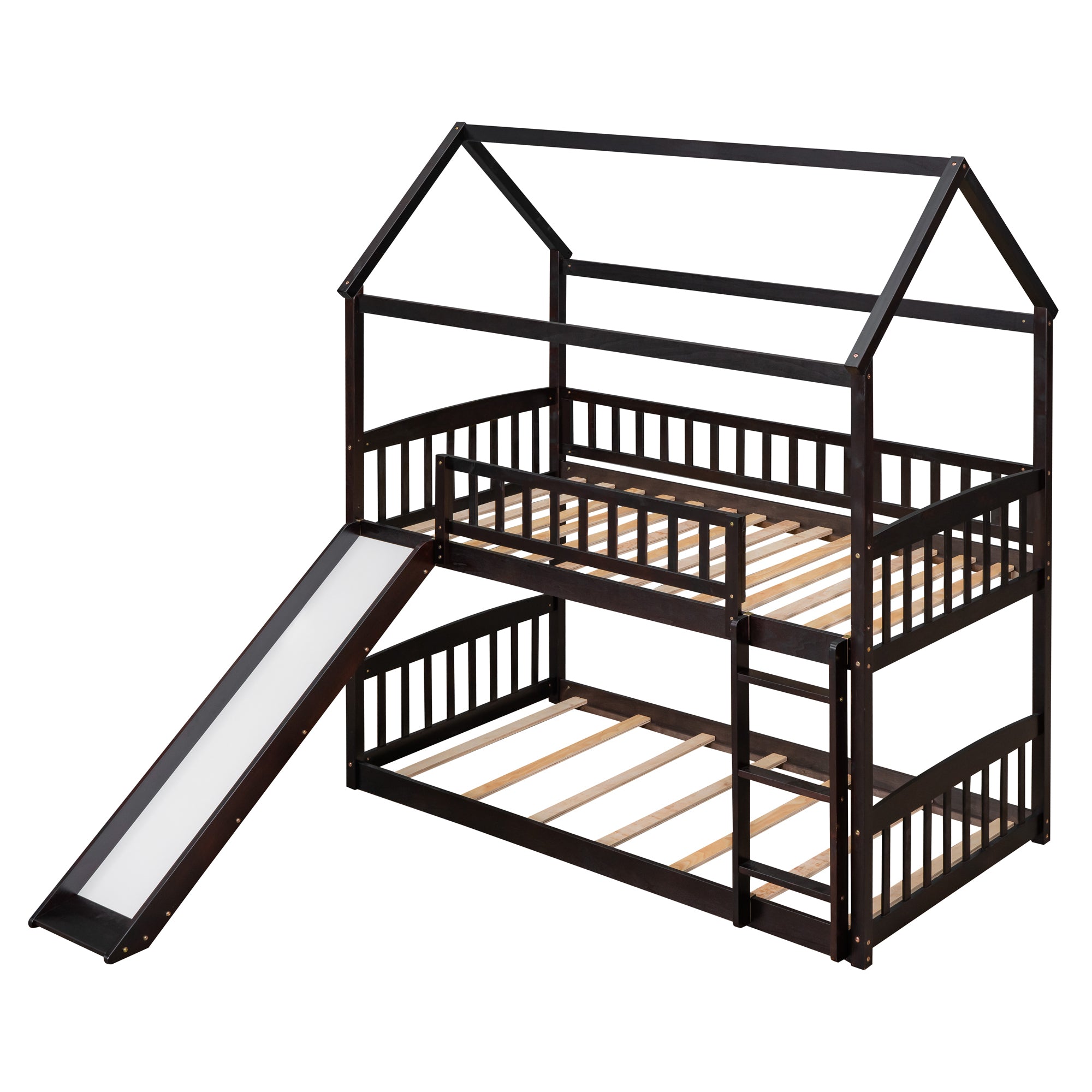 Twin Over Twin Bunk Bed with Slide, House Bed with Slide, Espresso(OLD SKU: LT000213AAP)
