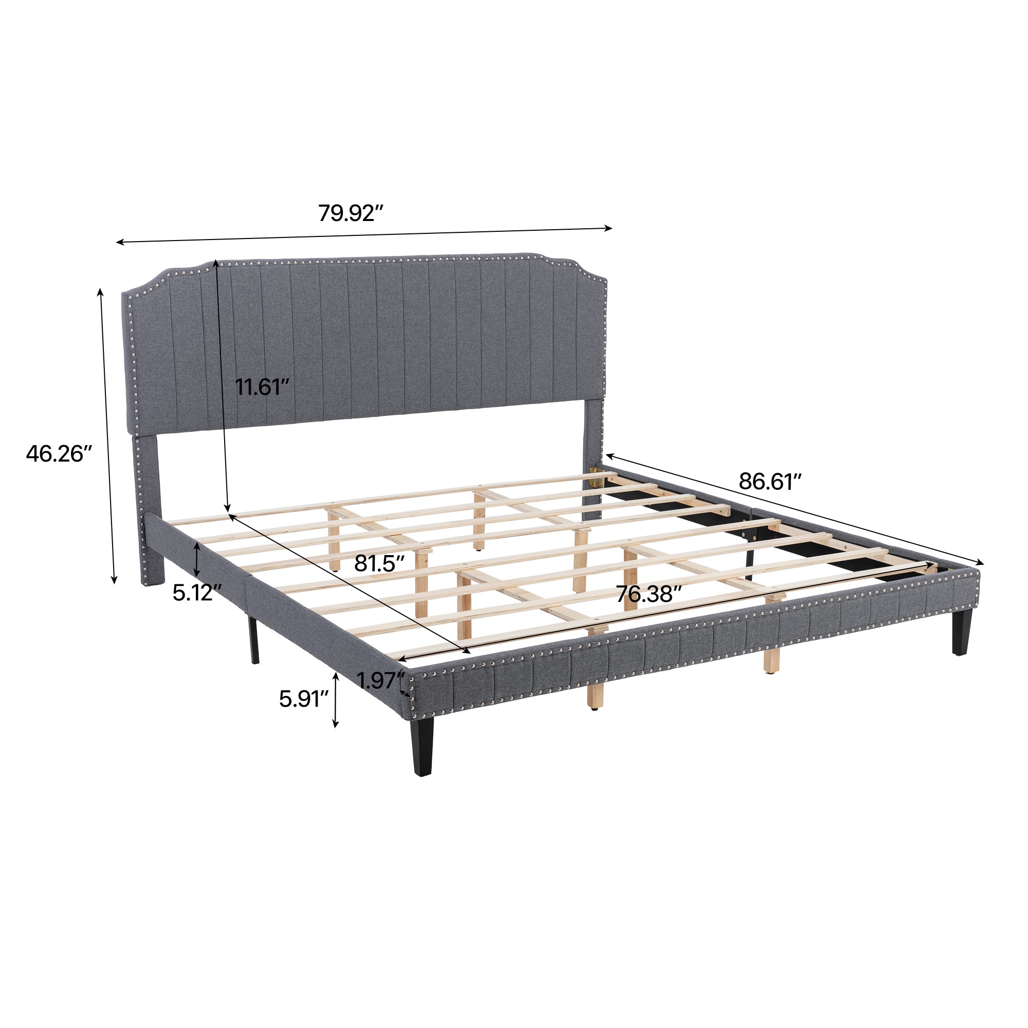 DongHeng King Size Bed with Headboard,Modern Linen Curved Upholstered Platform Bed,Solid Wood Frame,Nailhead Trim,Beige