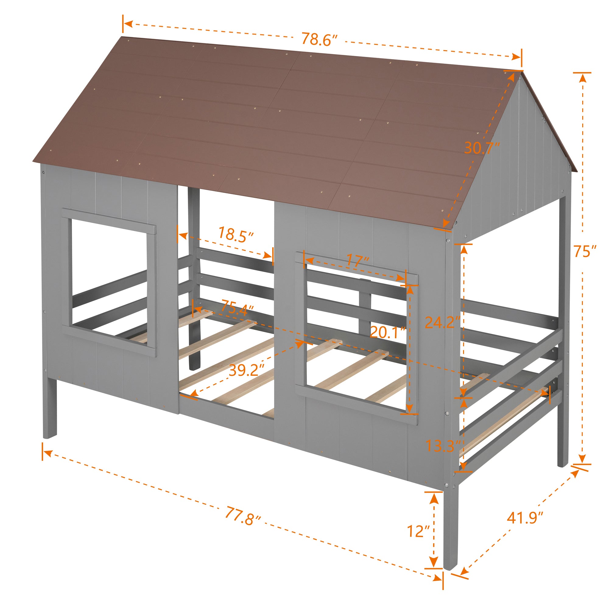 Twin Size Low Loft Wood House Bed with Two Front Windows, (Gray+ Brown)(OLD SKU:LP000039AAL)