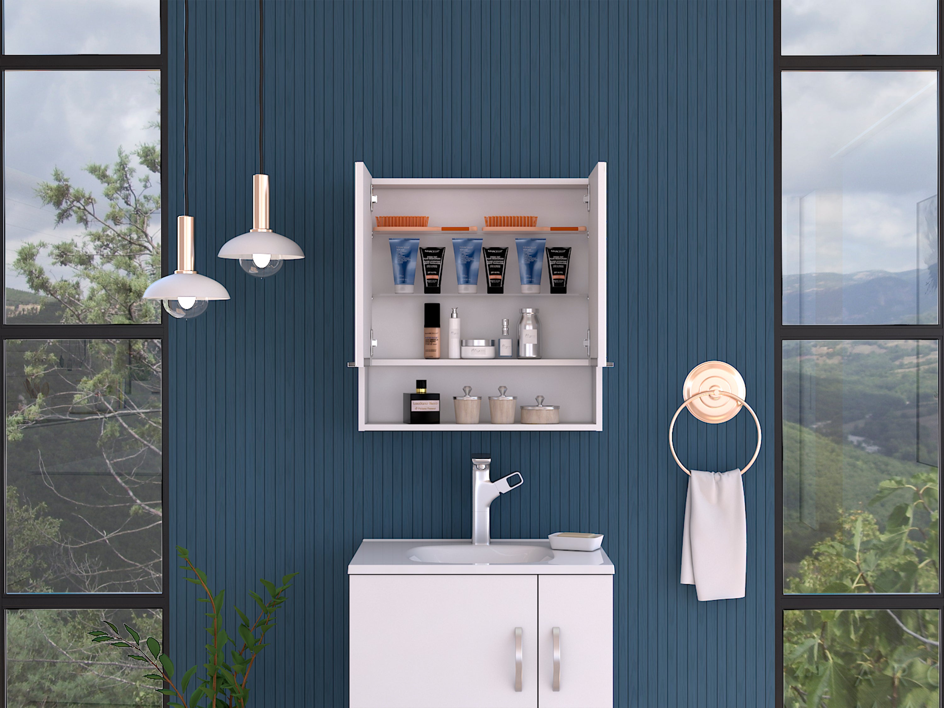 Jaspe Mirror Cabinet, Three Internal Shelves, One Open Shelf, Double Door Cabinet -White