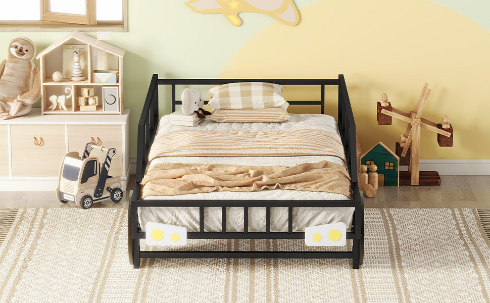 Metal Twin Size Car-shaped Platform Bed with Wheels and Headlights Decoration, Black