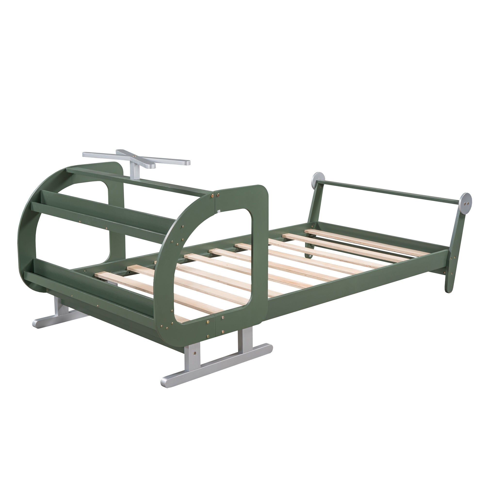 Twin Size Plane Shaped Platform Bed with Rotatable Propeller and Shelves, Green