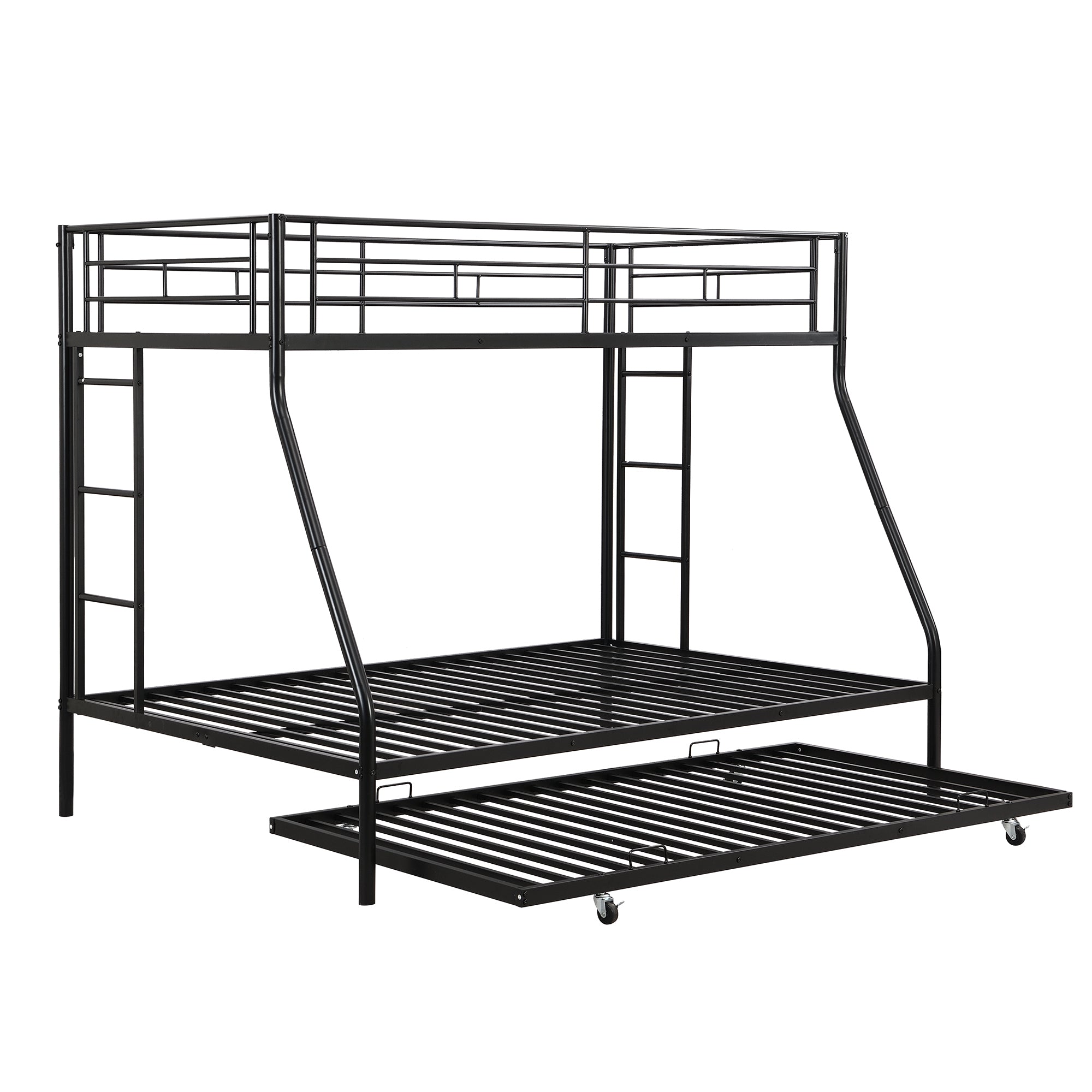 Twin over Full Bed with Sturdy Steel Frame, Bunk Bed with Twin Size Trundle, Two-Side Ladders, Black