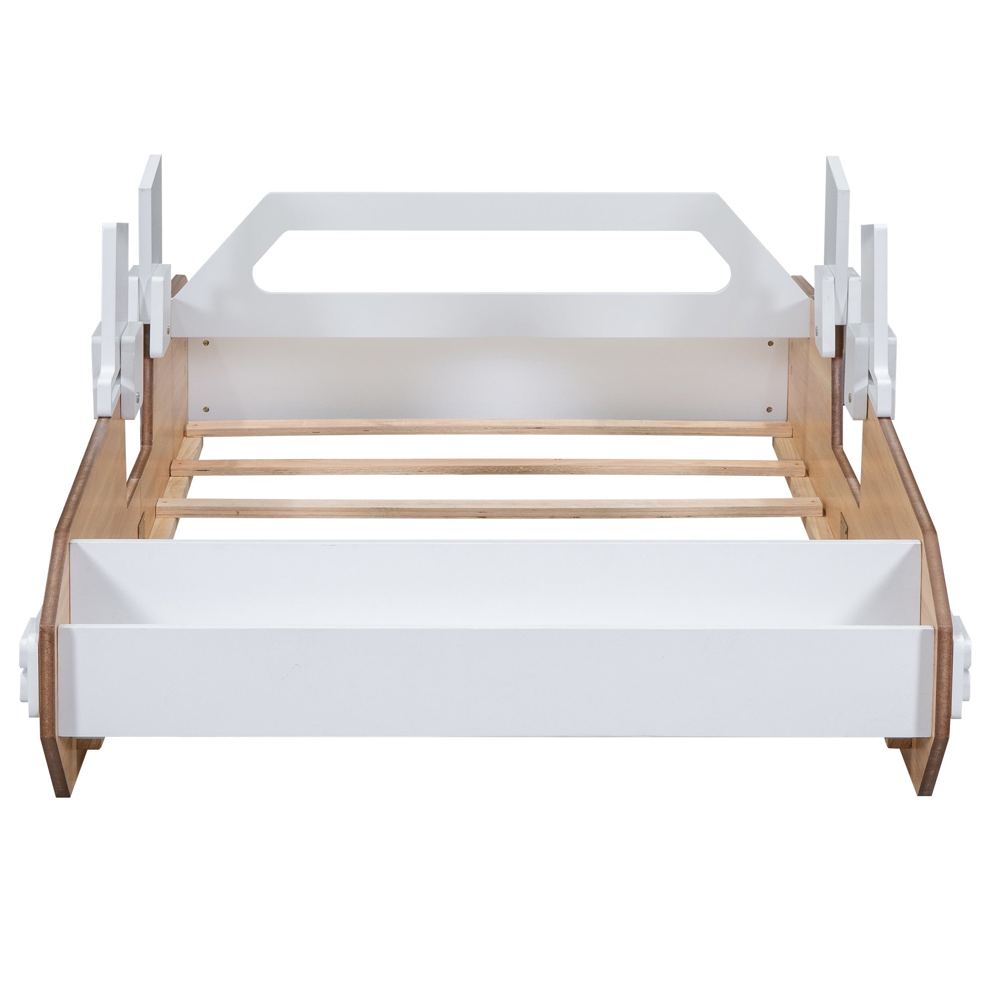 Wood Twin Size Racing Car Bed with Door Design and Storage, Natural+White+Black