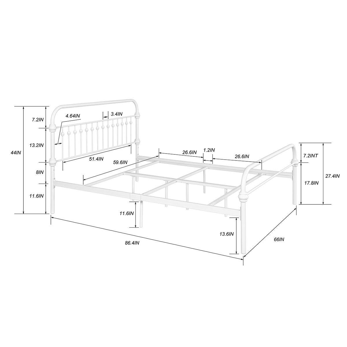 86.4" L X 59.6" W X 44"H Metal Bed Frame Queen Size Standerd Bed Frame - WHITE