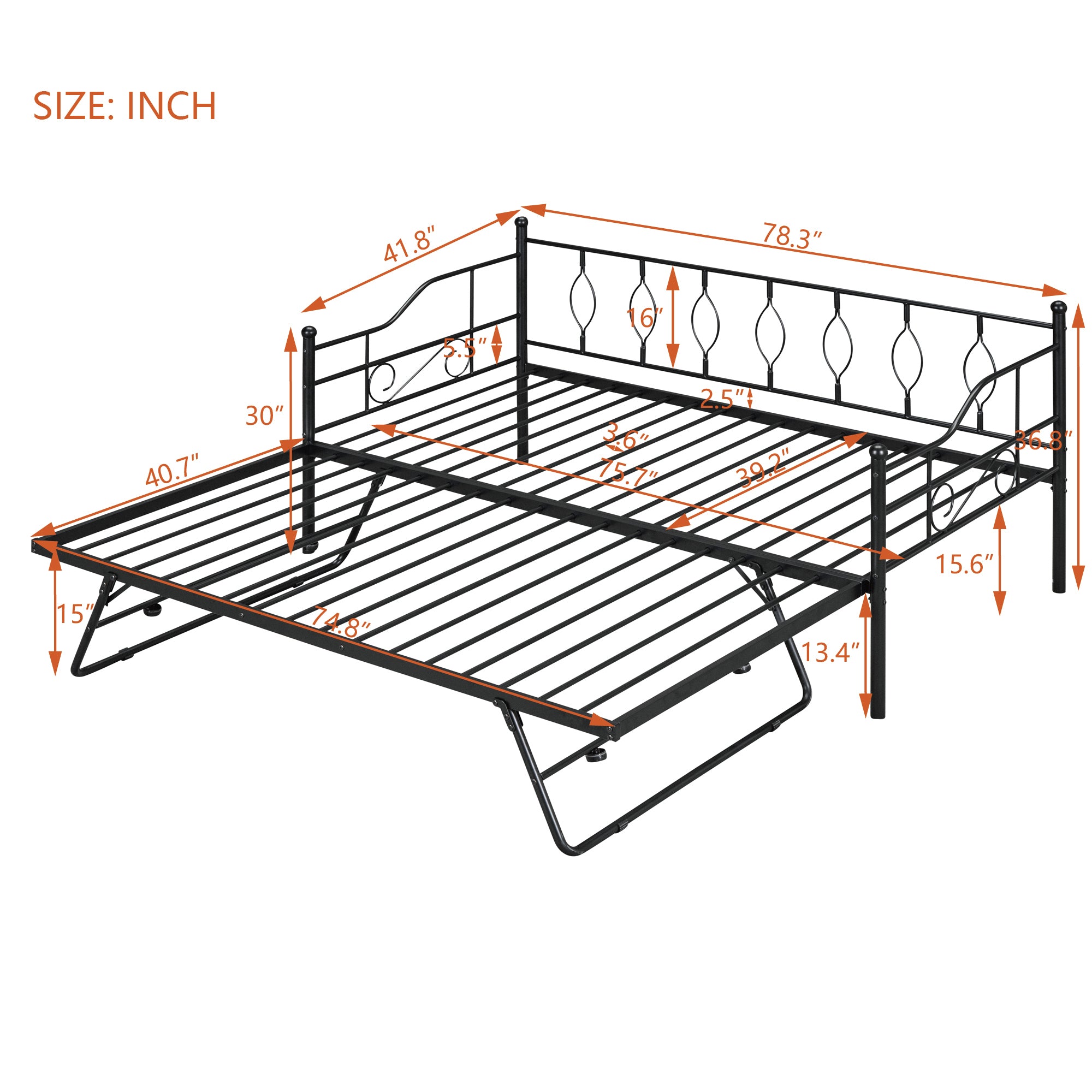 Twin Size Metal Daybed with Twin Size Adjustable Trundle, Portable Folding Trundle, Black