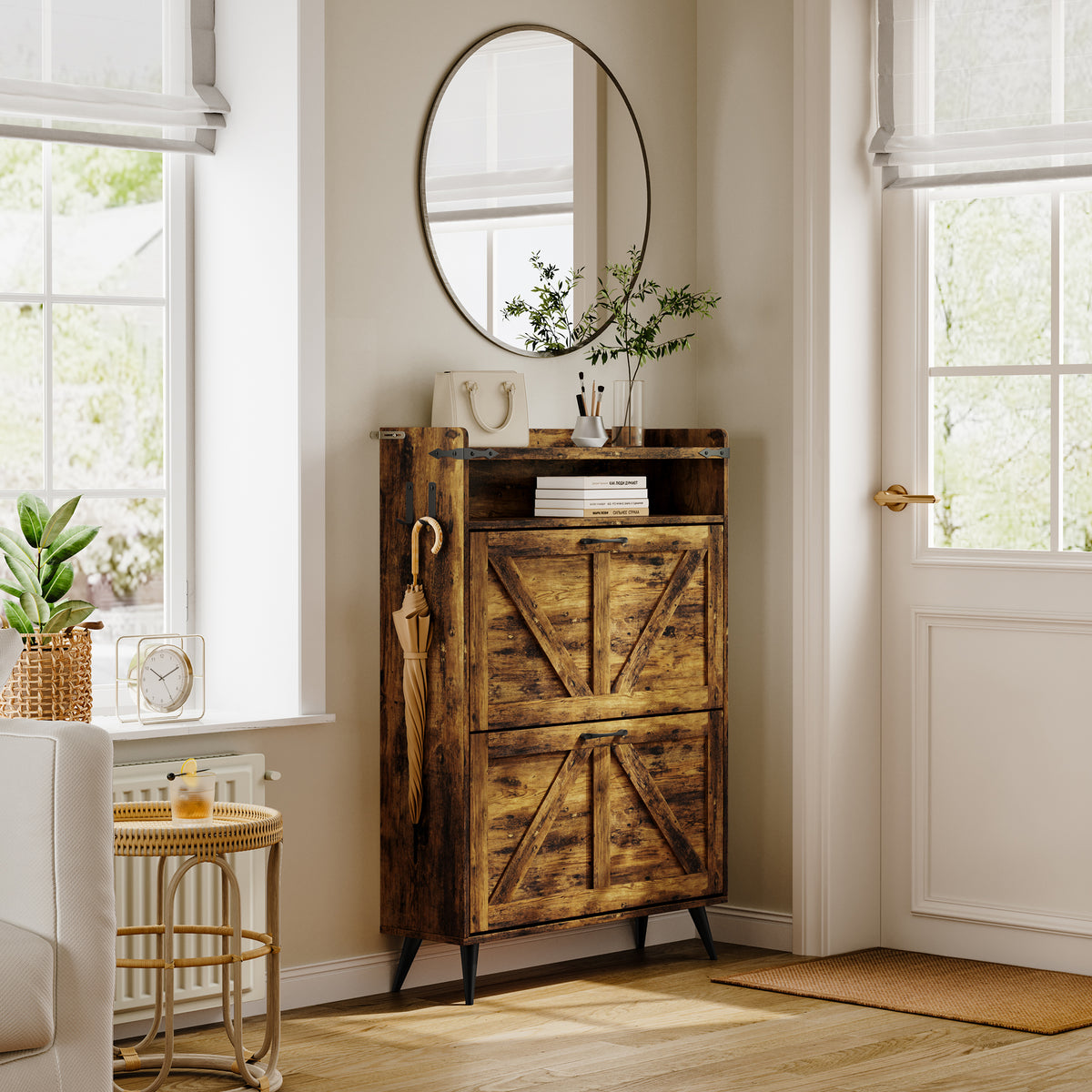 Farmhouse Shoe Rack, Freestanding Shoe Cabinet with 2 Flip Drawers for Entryway