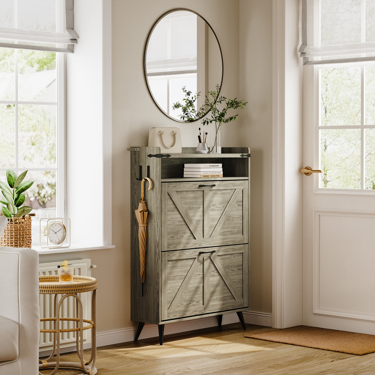 Farmhouse Shoe Rack, Freestanding Shoe Cabinet with 2 Flip Drawers for Entryway
