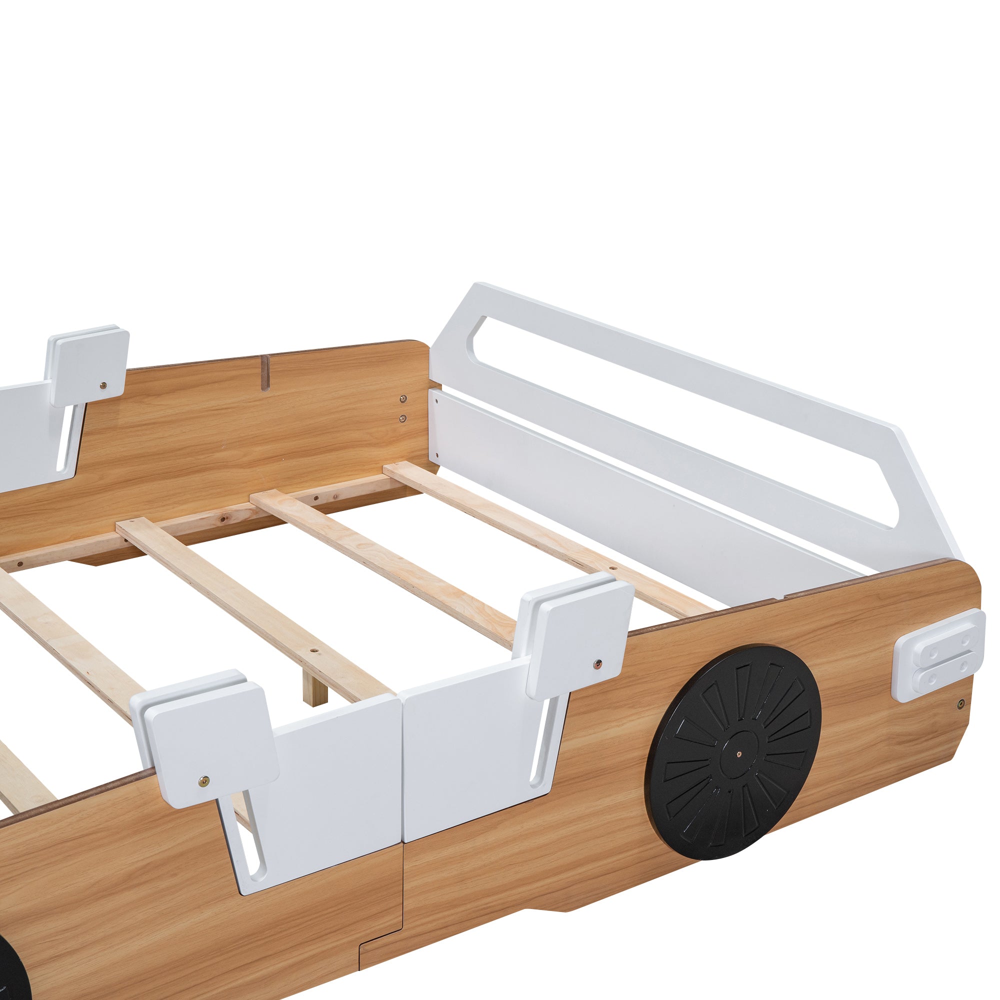 Wood Full Size Racing Car Bed with Door Design and Storage, Natural+White+Black