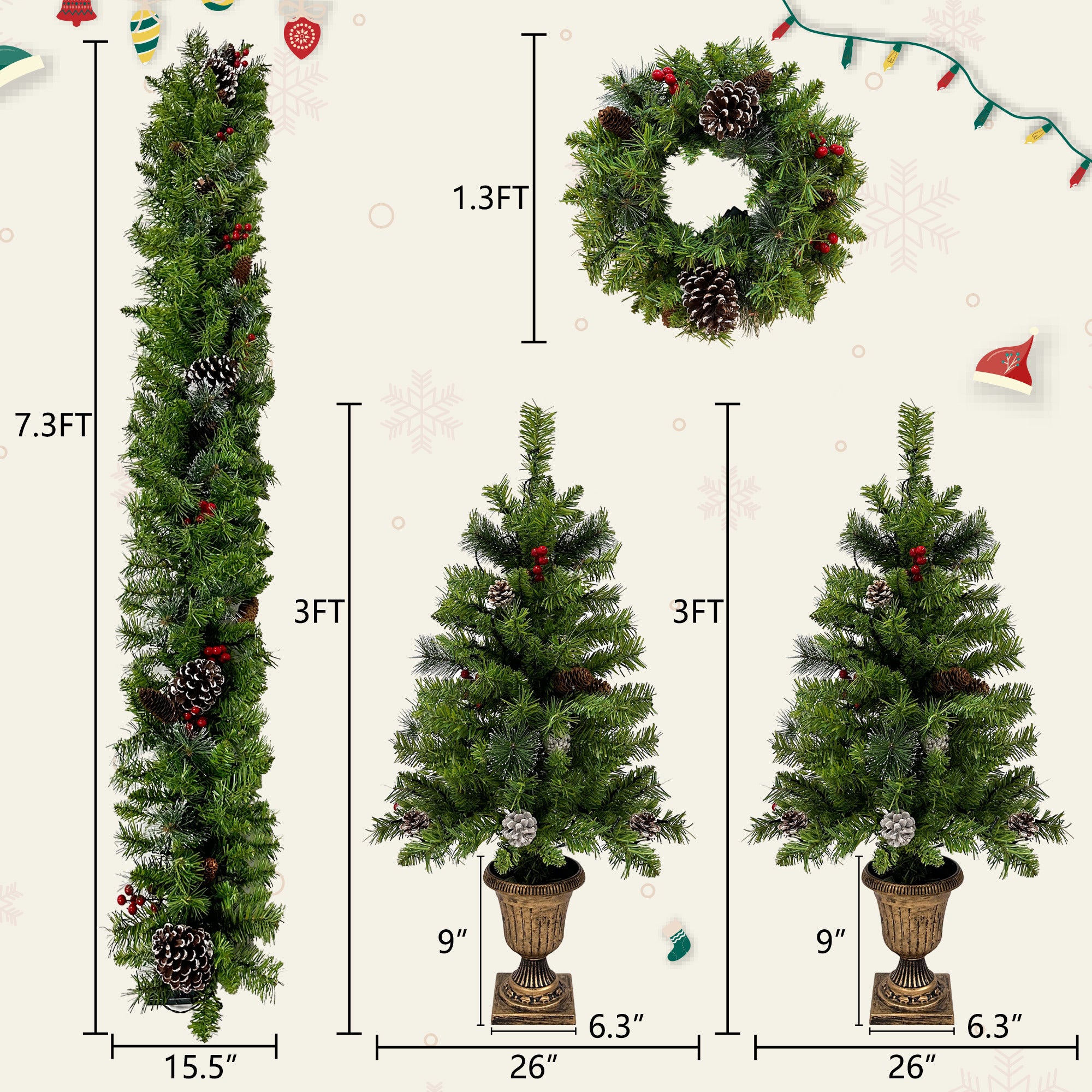 Xmas Tree Artificial Christmas 4-Piece Set,Garland, Wreath and Set of 2 3FT Entrance Trees X-mas with LED Lights, Christmas Tree