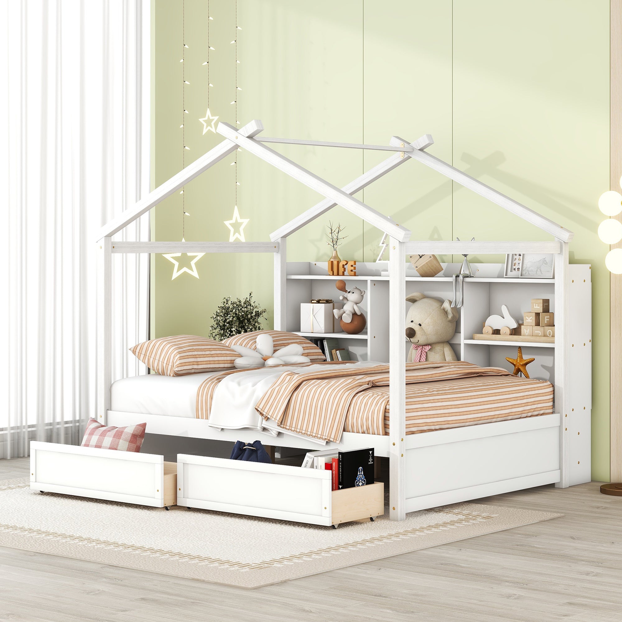 Full Size House Bed with Storage Shelves and 2 Drawers, Brushed White
