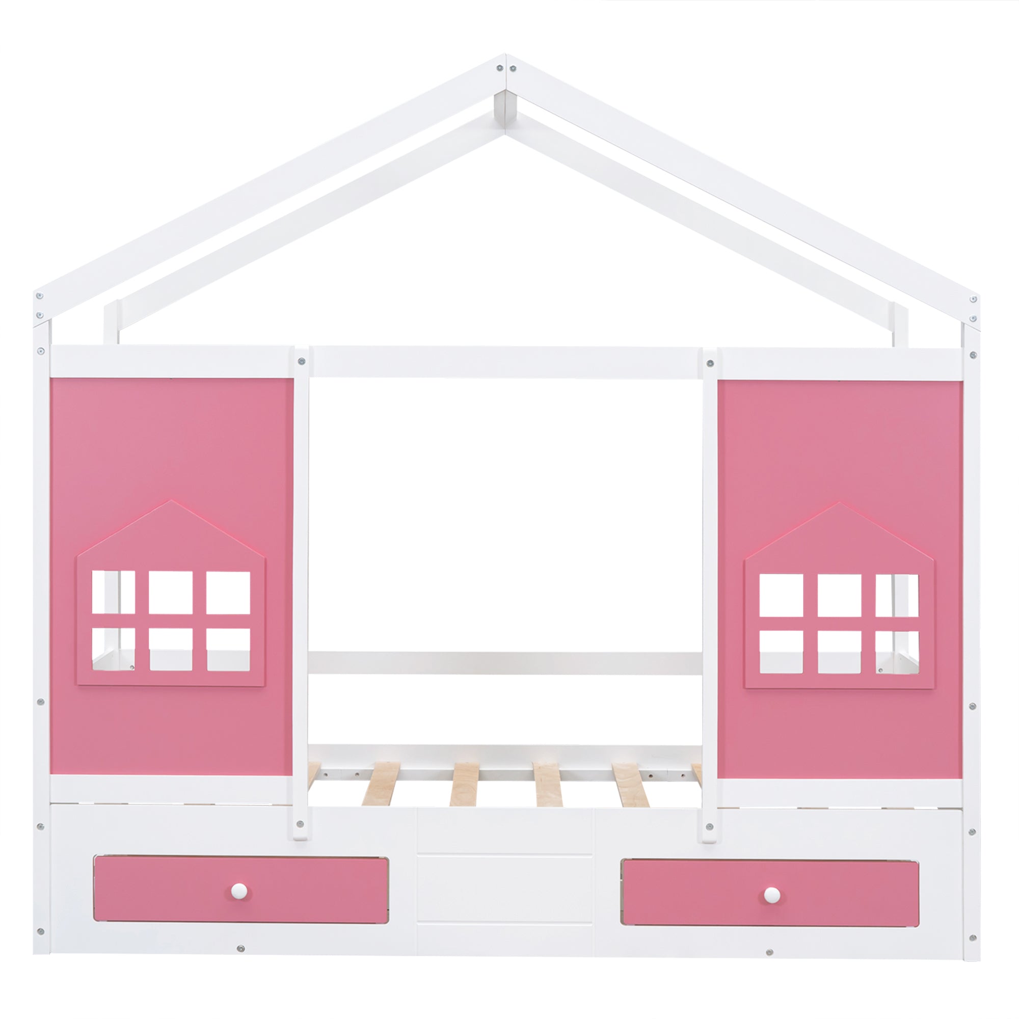 Twin Size Wood House Bed with 2 Drawers and Window Decoration, White+Pink