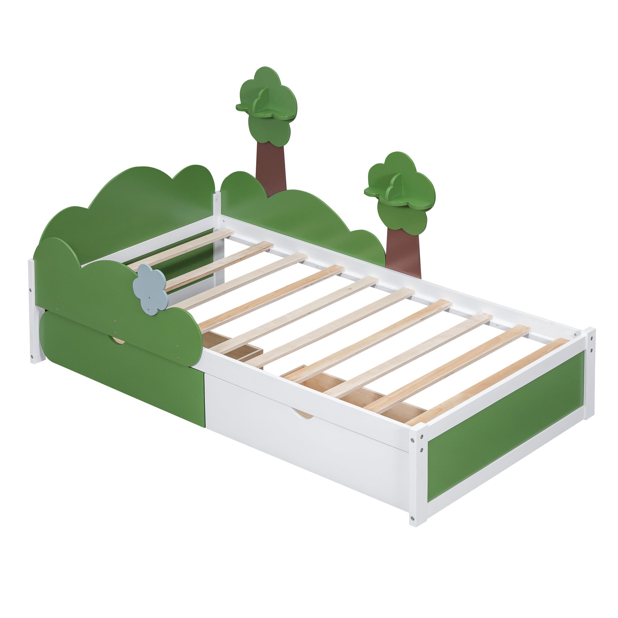 Twin Size Bed with Grass Hill and Trees Decor