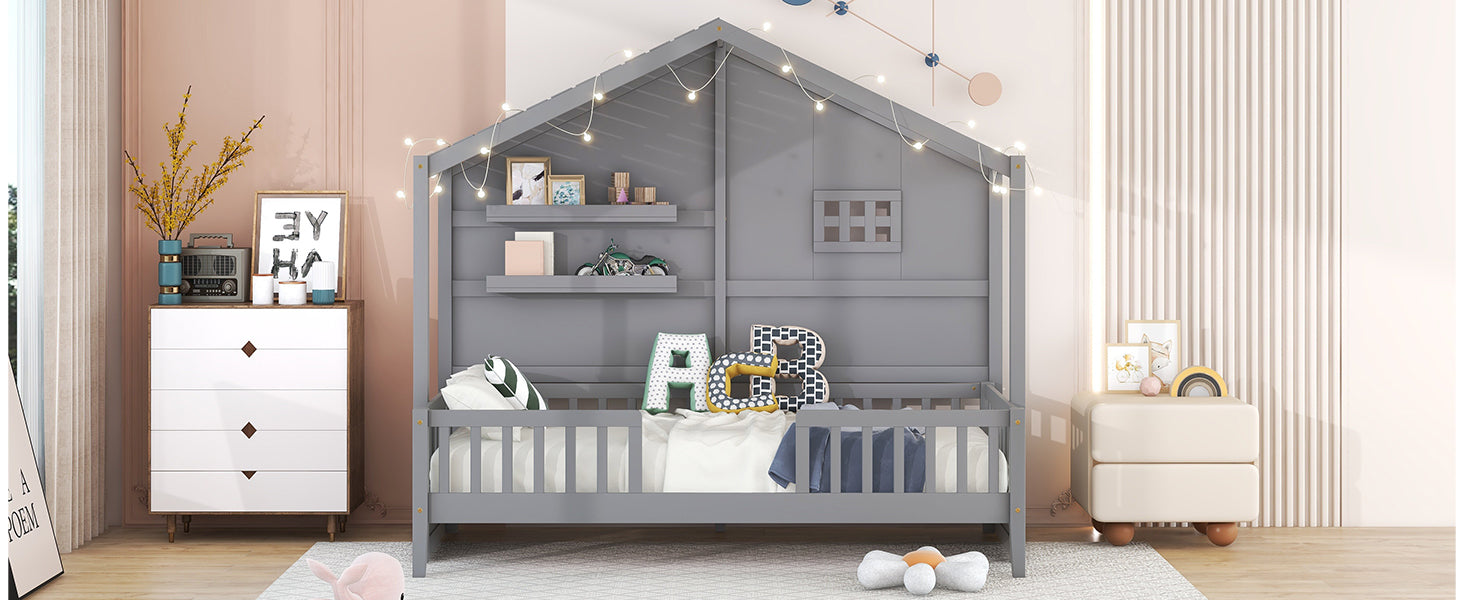 Twin Size House Bed with Shelves, House Bed with Window and  Sparkling Light Strip on the Roof, Gray