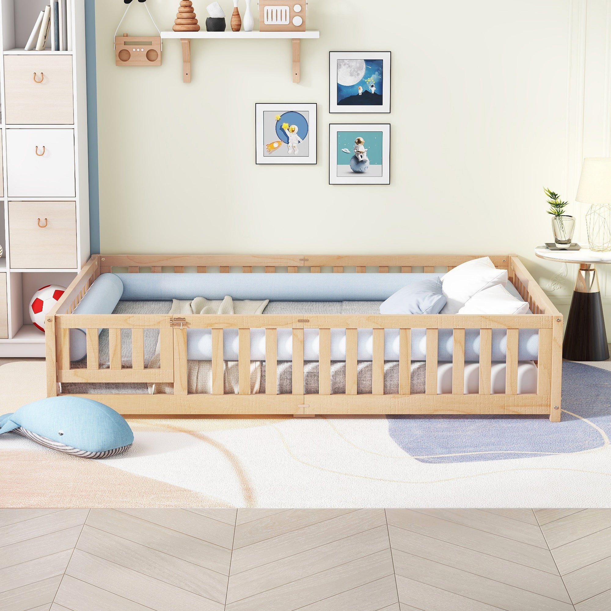 Queen Size Bed Floor Bed with Safety Guardrails and Door for Kids, Natural (Expect Arrival Date Nov.2nd)