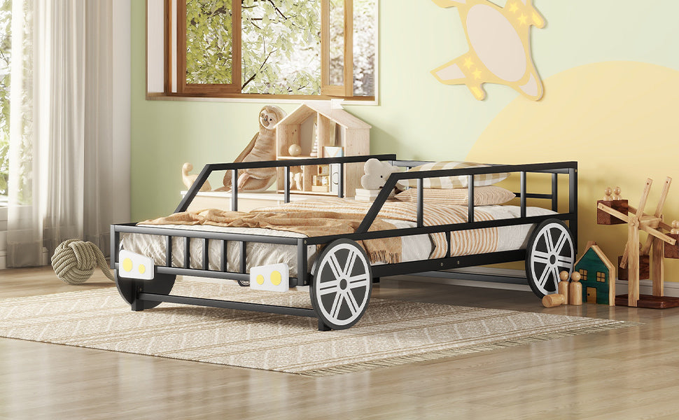 Metal Twin Size Car-shaped Platform Bed with Wheels and Headlights Decoration, Black