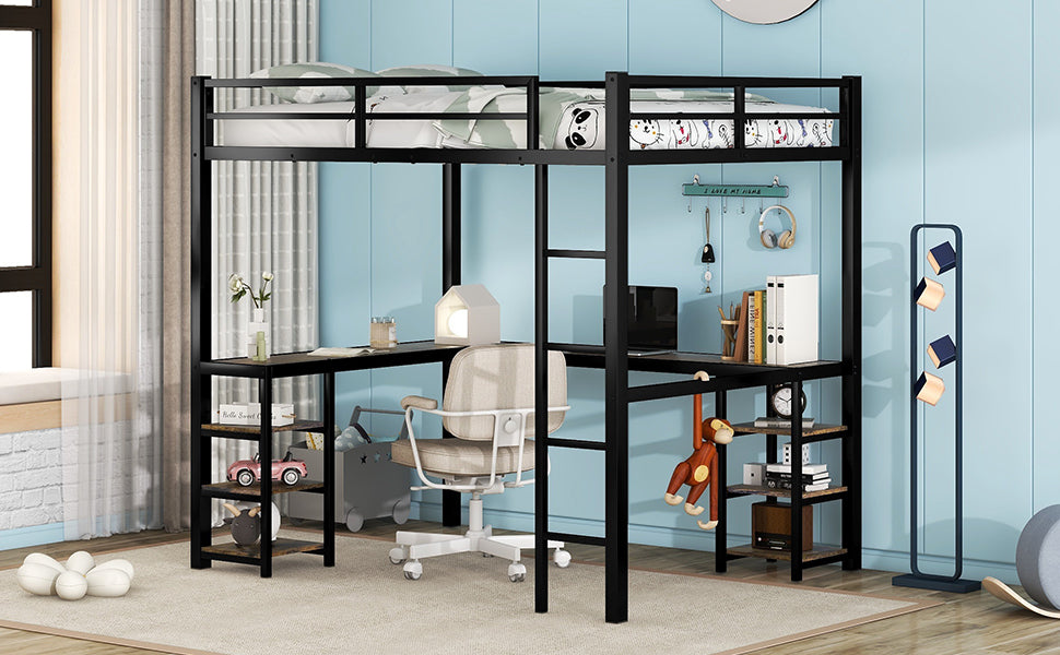 Full Metal Loft Bed with Desk and Shelves, Loft Bed with Ladder and Guardrails, Loft Bed Frame for Bedroom (Black)  (Old SKU: W1307S00009)
