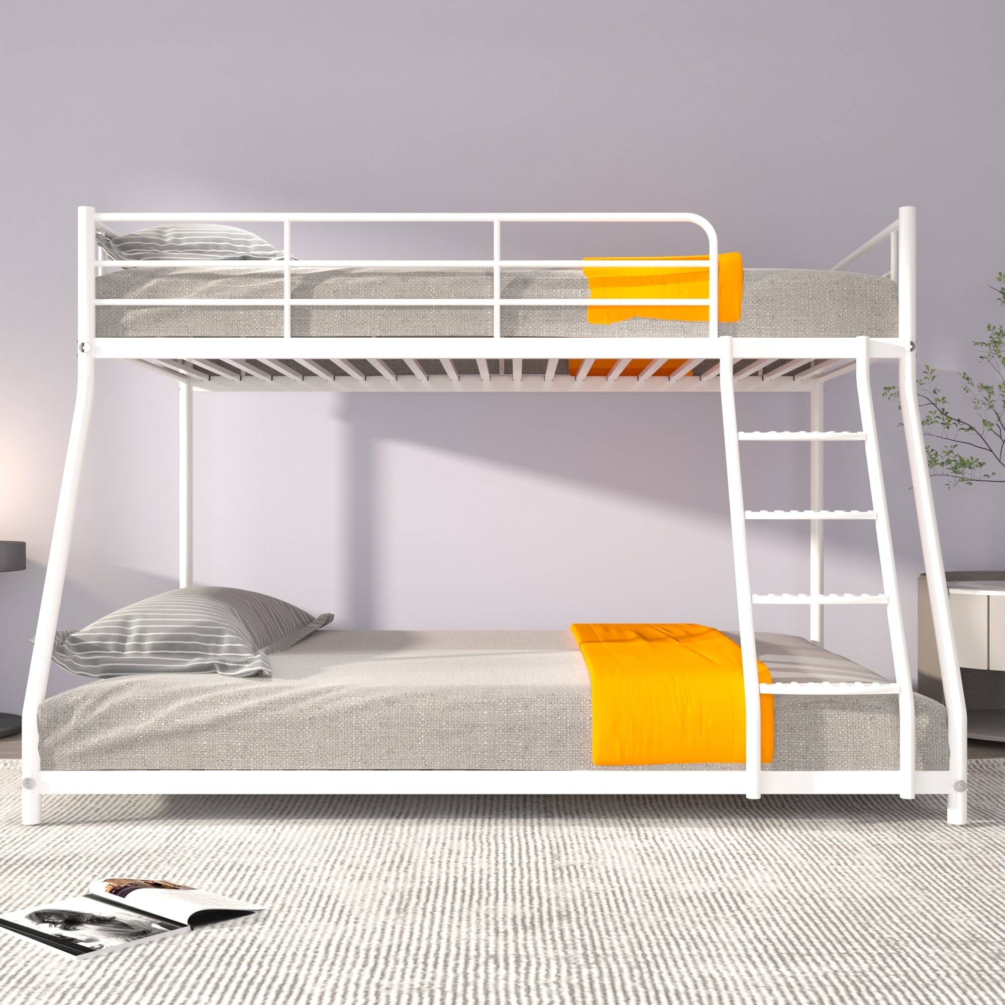 White Twin over Full Metal Bunk Bed with Comfortable Rungs, Easy to assemble