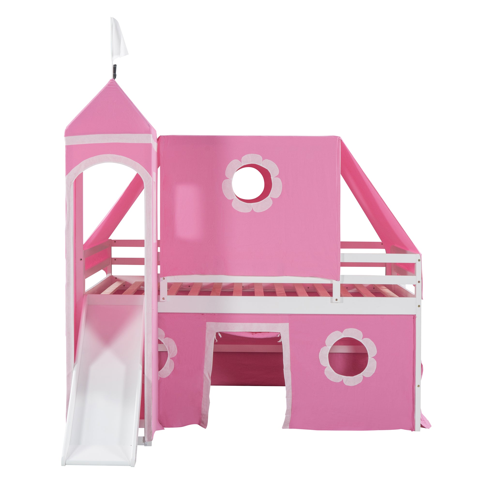 Full Size Bunk Bed with Slide Pink Tent and Tower - Pink