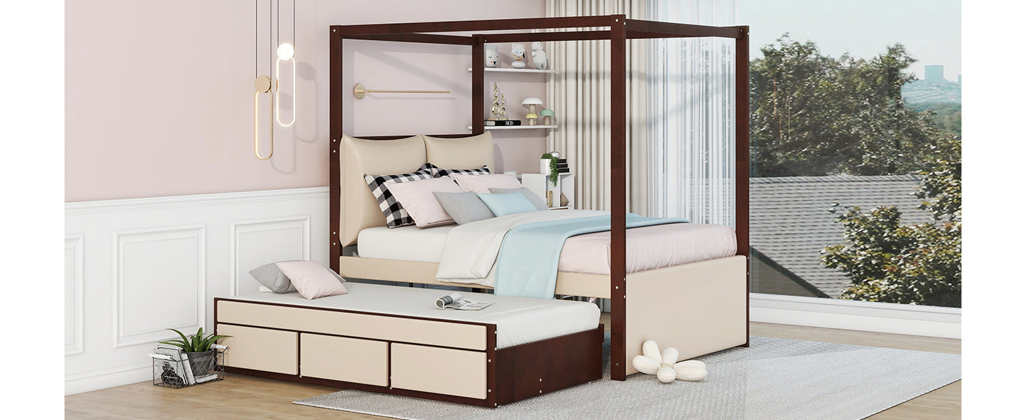 Full Size Upholstered  Canopy Bed with Trundle and 3 Drawers, Beige