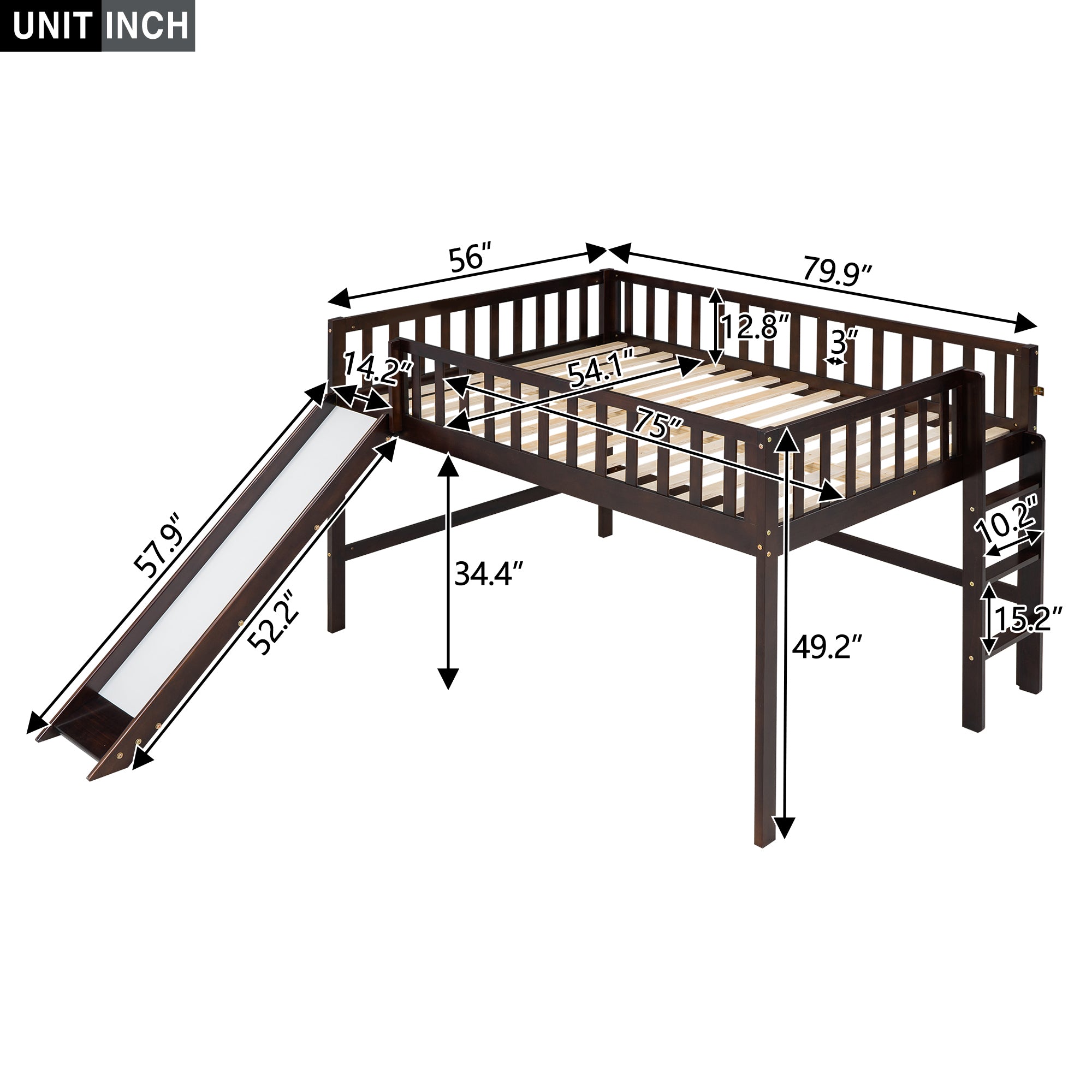 Full Size Low Loft Bed with Ladder and Slide,Espresso