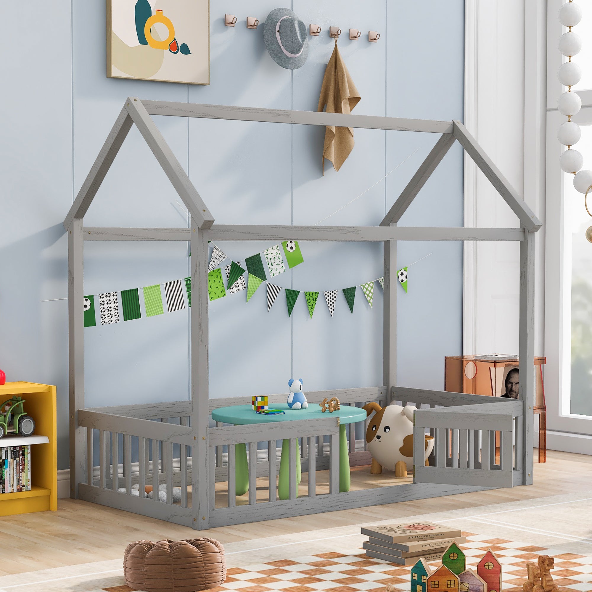 Twin Size Wood House Bed with Fence and Door, Gray Wash