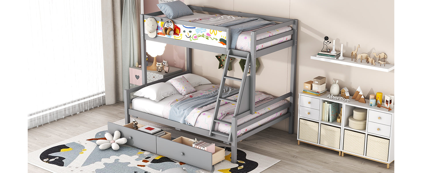 Wood Twin over Full Bunk Bed with Whiteboard, 3 Hooks and 2 Drawers, Grey