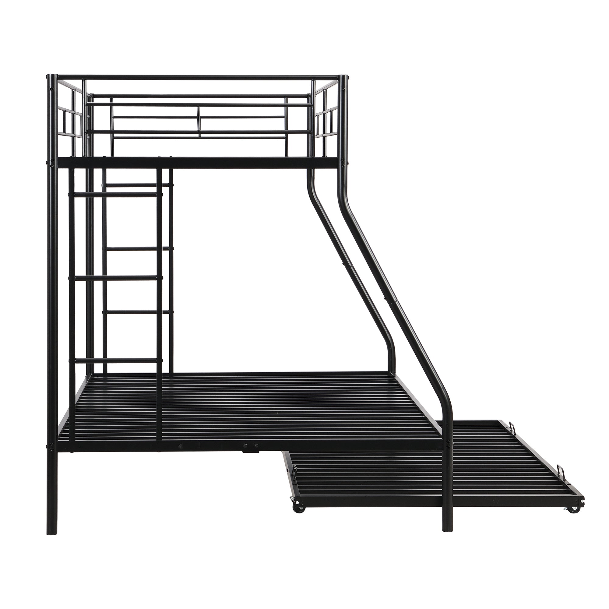 Twin over Full Bed with Sturdy Steel Frame, Bunk Bed with Twin Size Trundle, Two-Side Ladders, Black
